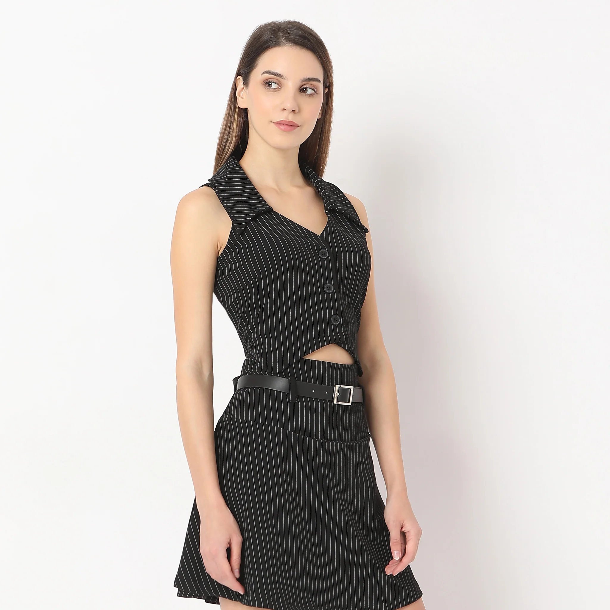 Striped V Neck Lapel Collar Betty Vest Sleeveless With Button Opening Top - Image 5