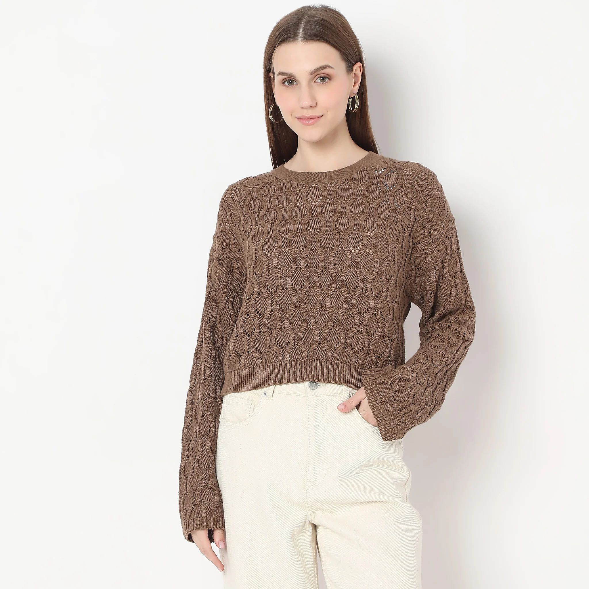 Structured Crochet Design Bell Sleeve Sweater - Image 2