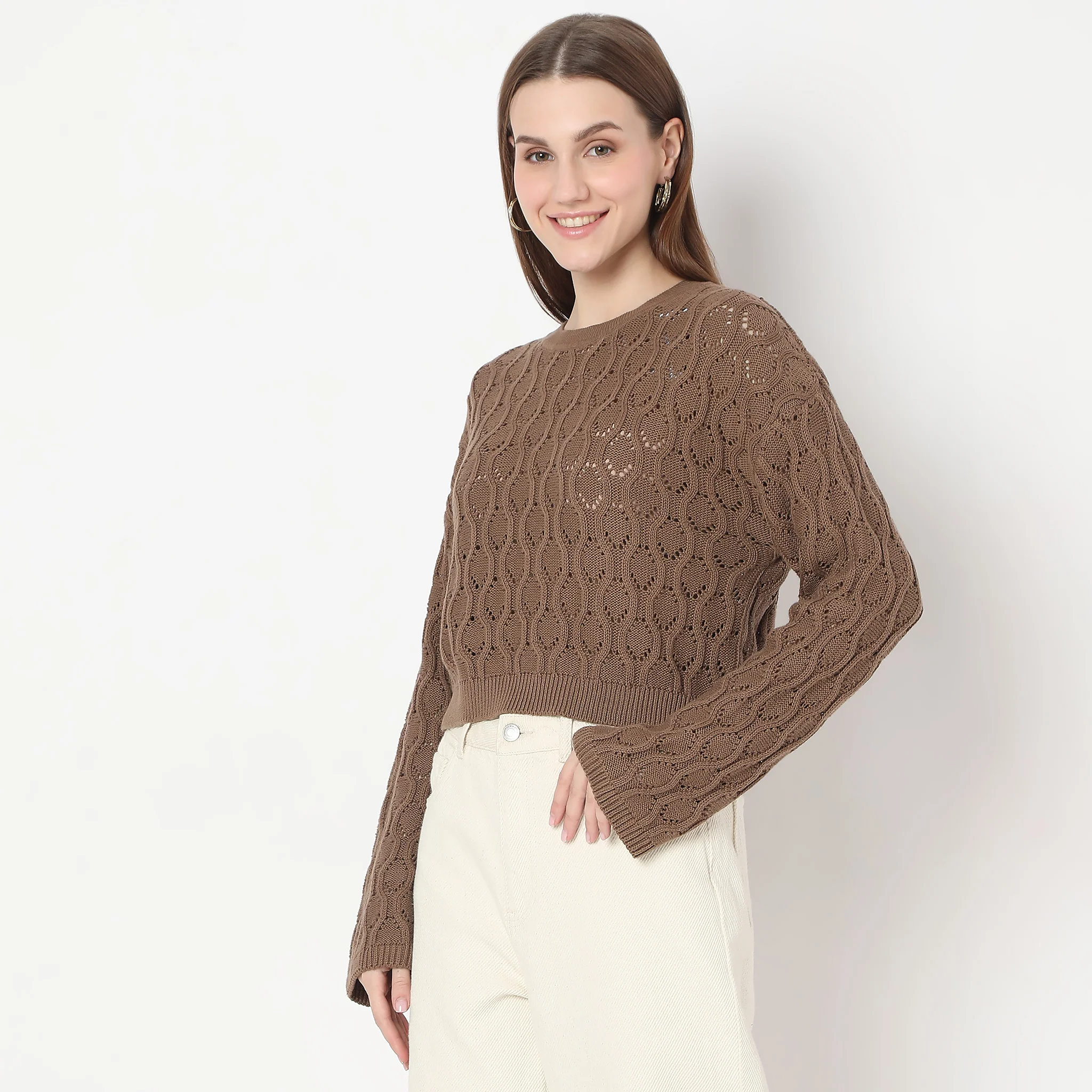 Structured Crochet Design Bell Sleeve Sweater - Image 5