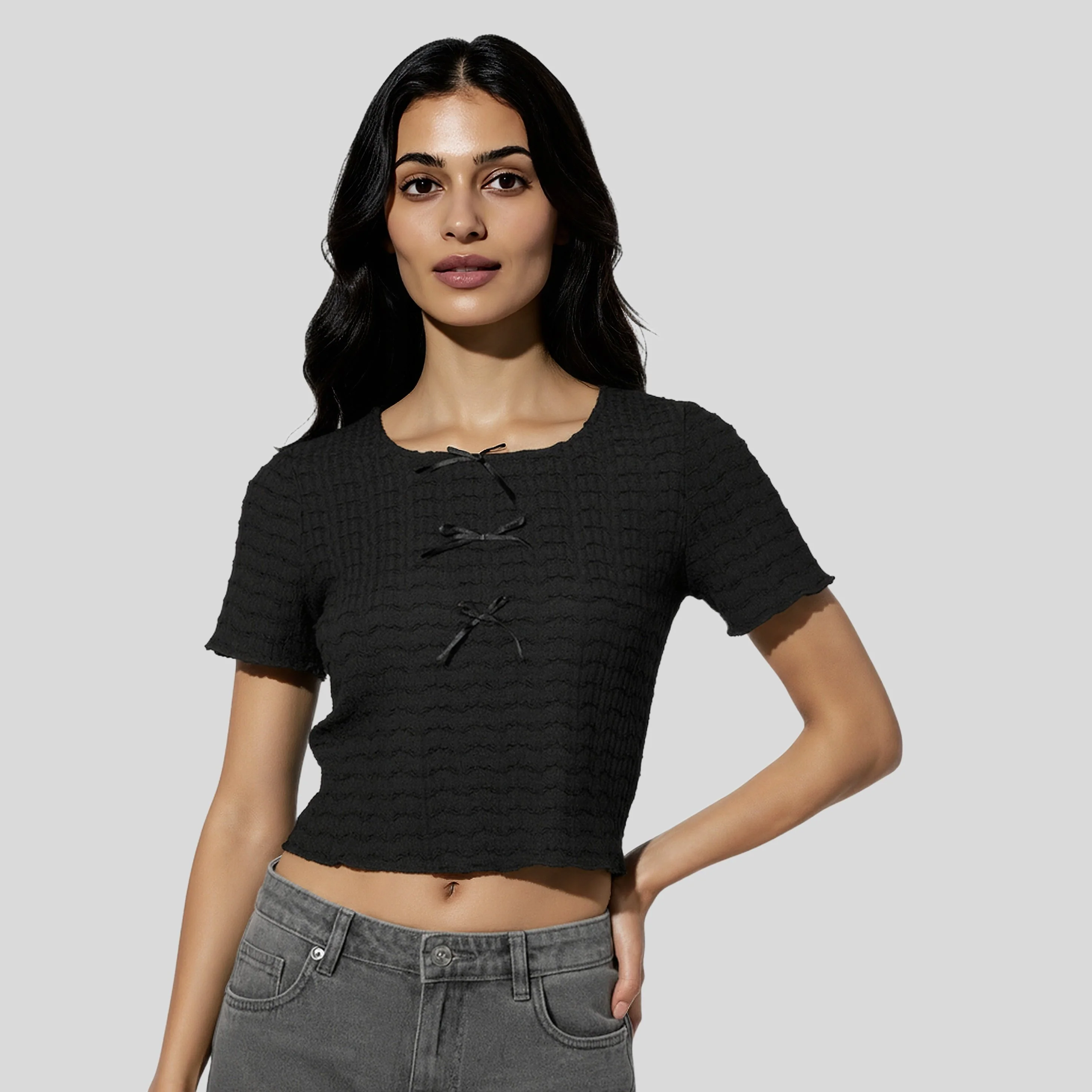 Structured Crop Top With Bows At Centre - Image 2