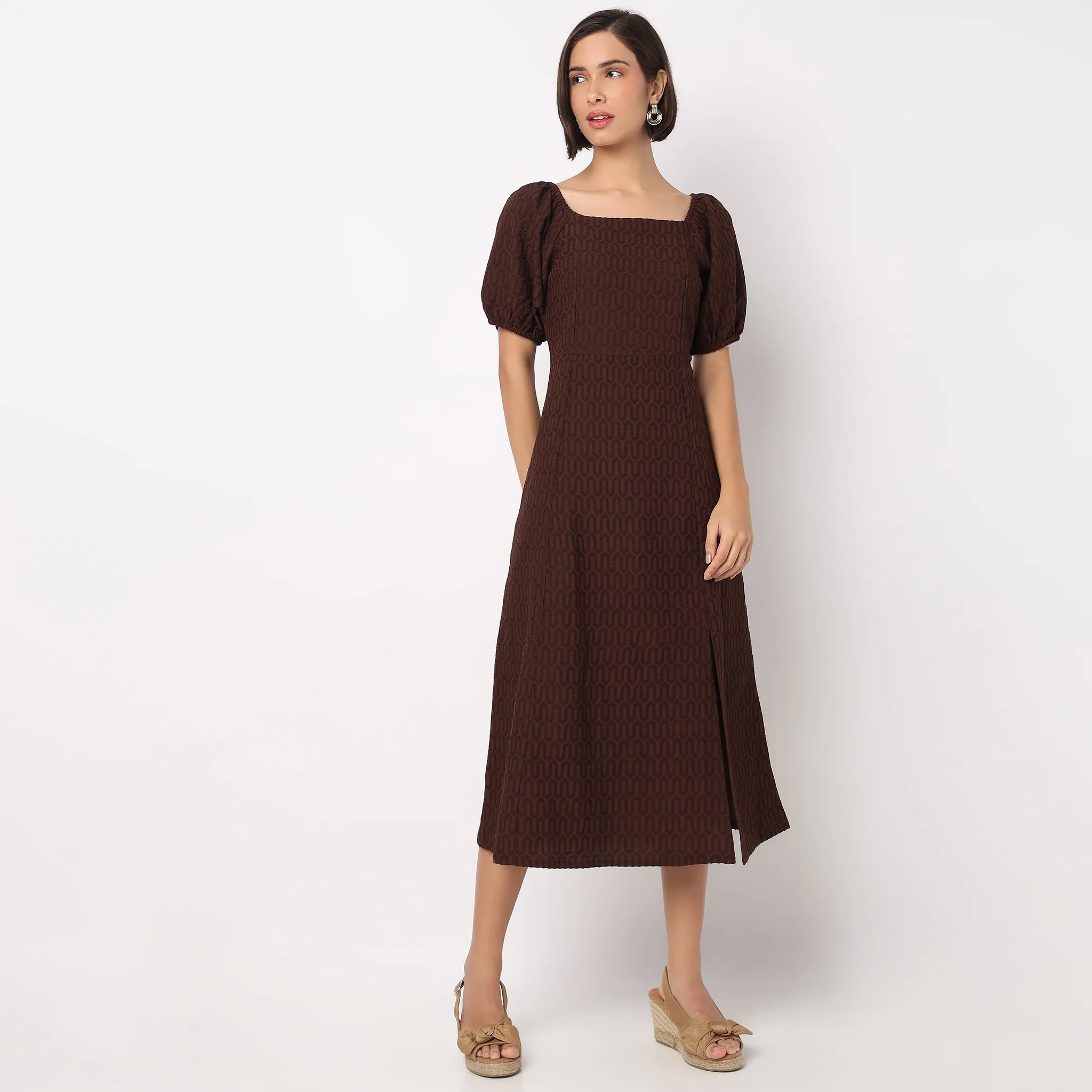 Structured Puff Sleeve Flared Dress - Image 2