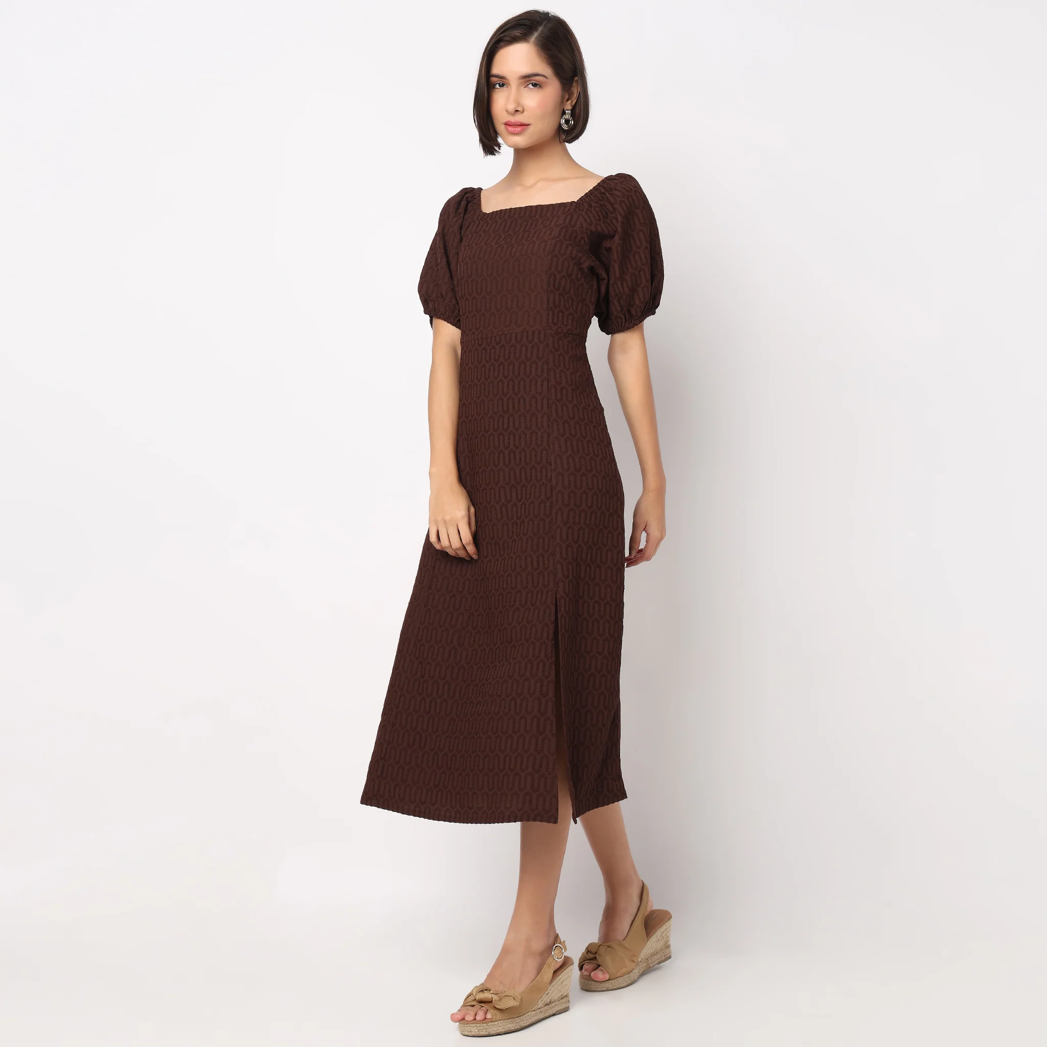 Structured Puff Sleeve Flared Dress - Image 5