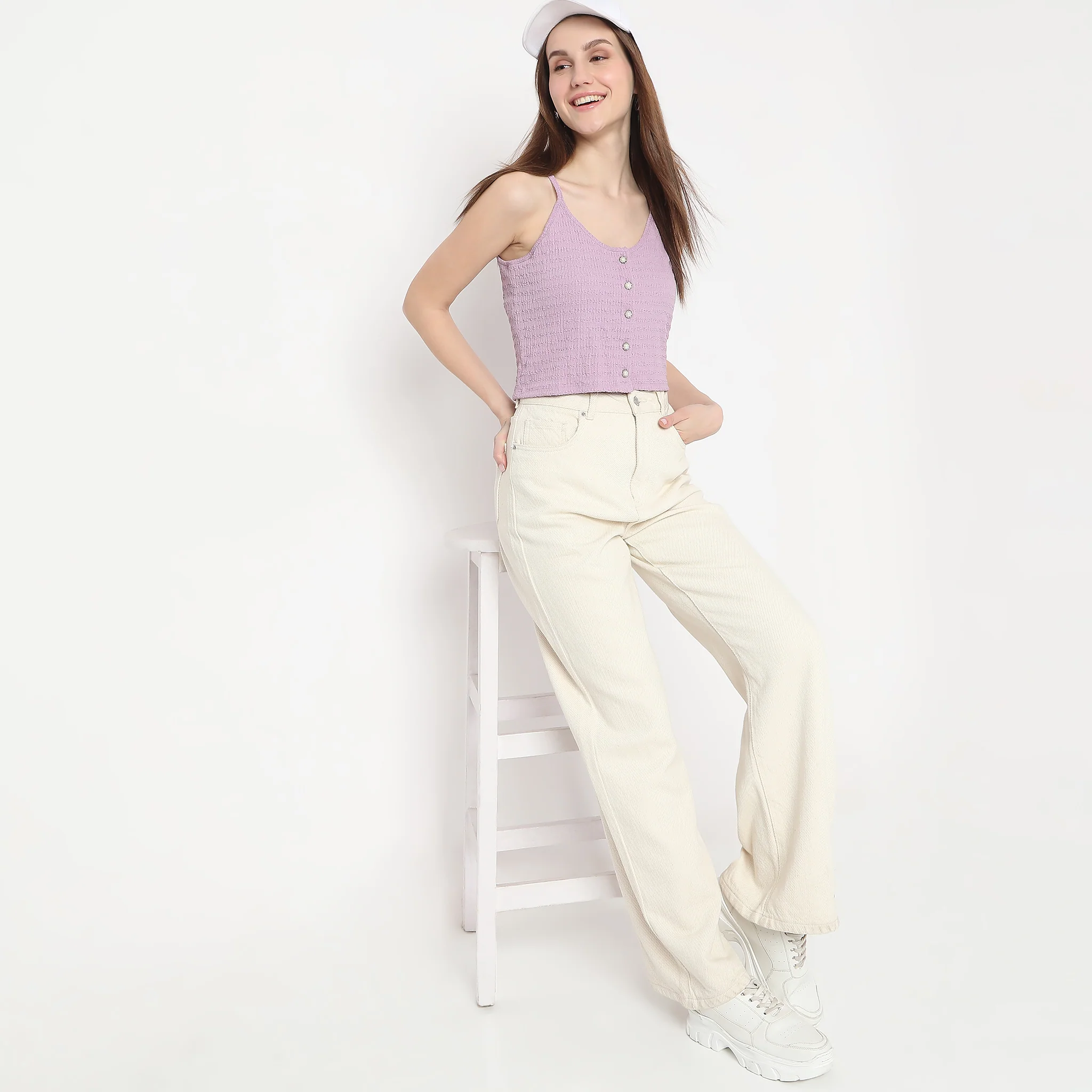 Structured Round Neck Sleeveless Knit Top With Button Details