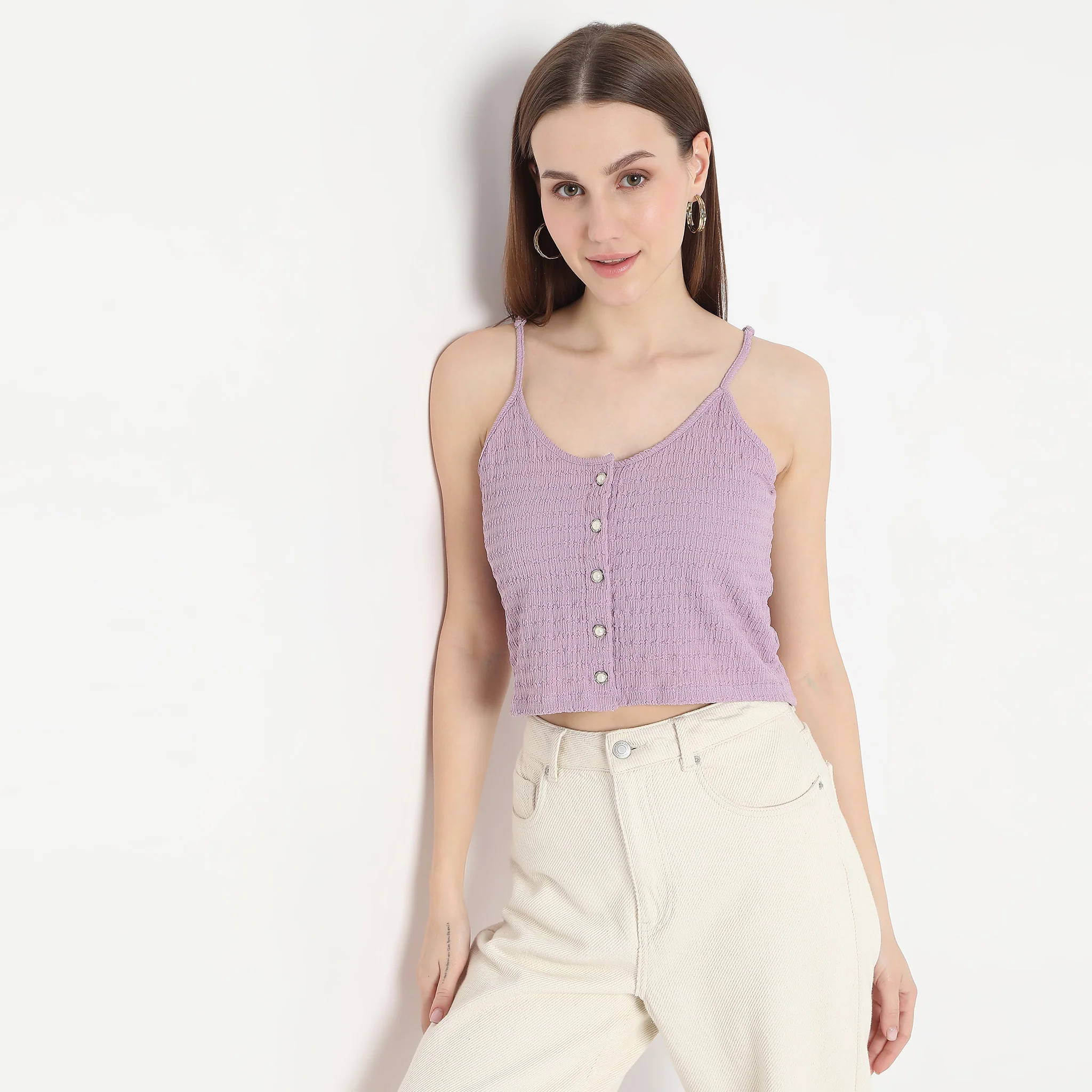 Structured Round Neck Sleeveless Knit Top With Button Details - Image 2