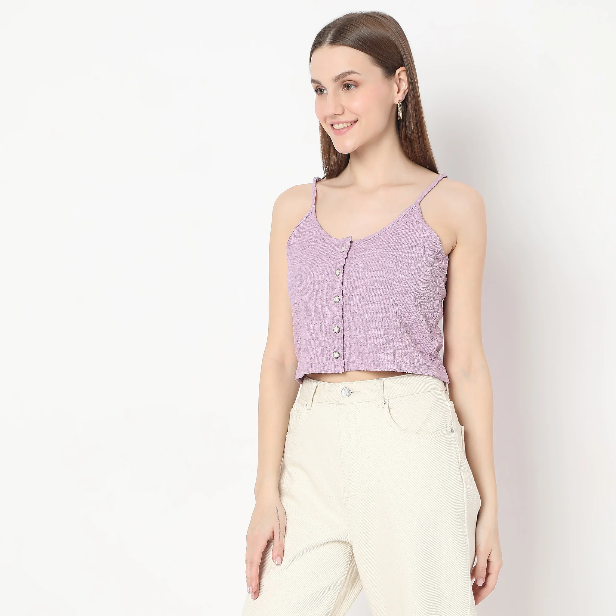 Structured Round Neck Sleeveless Knit Top With Button Details - Image 5