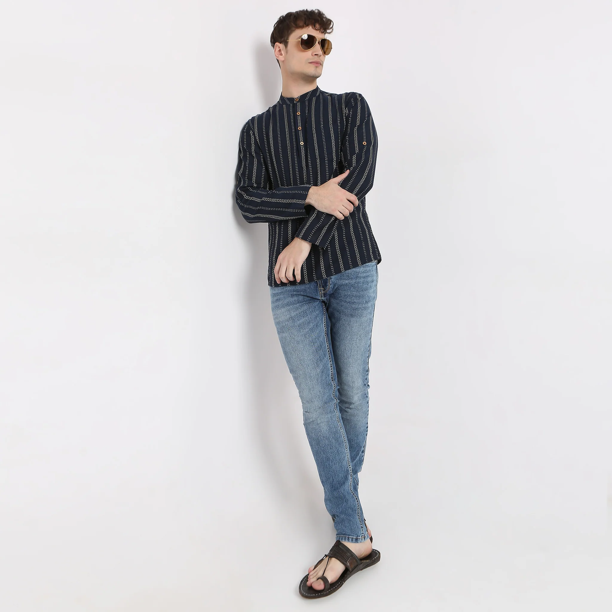 Artistry™ Yarn Dyed Structured Short Madrarin Collar Short Length Kurta Shirt - Image 6