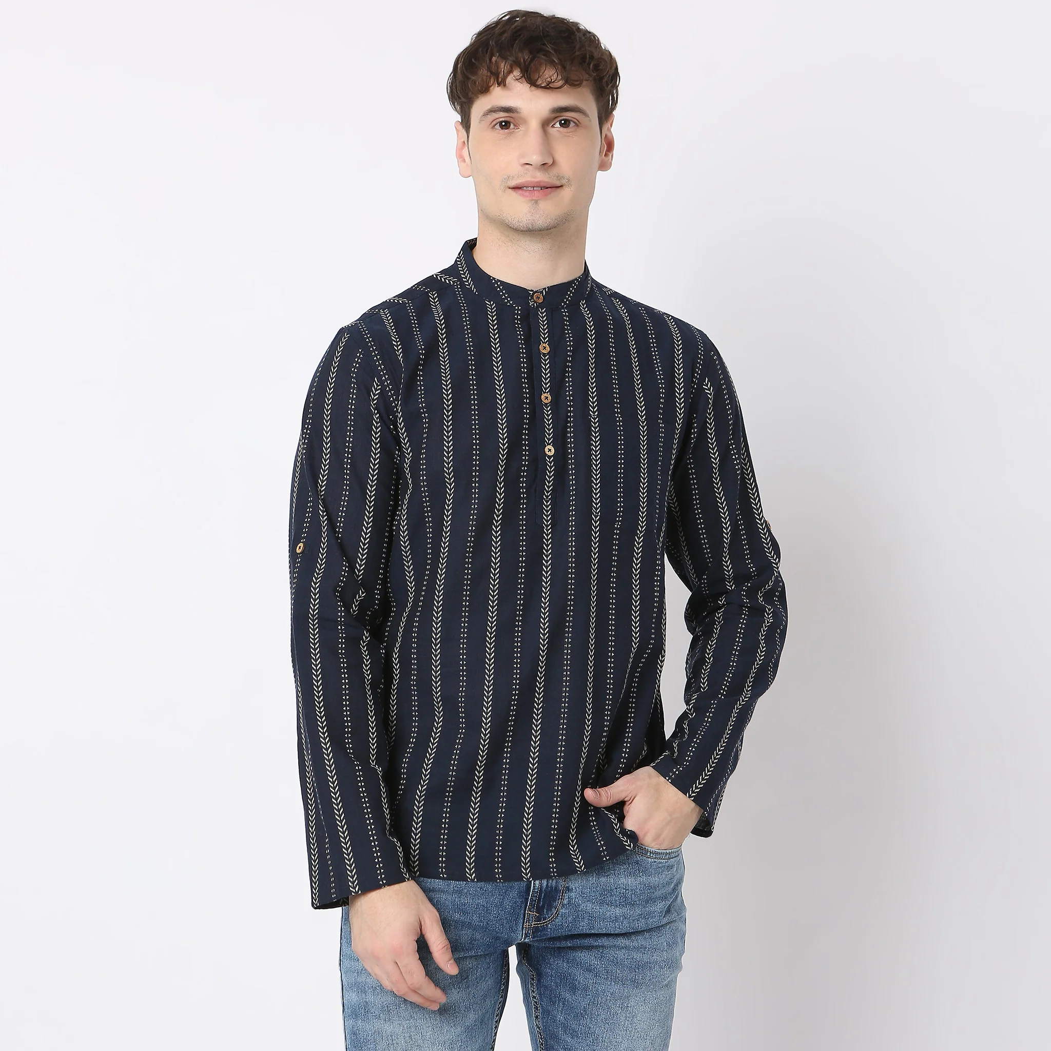 Artistry™ Yarn Dyed Structured Short Madrarin Collar Short Length Kurta Shirt - Image 7
