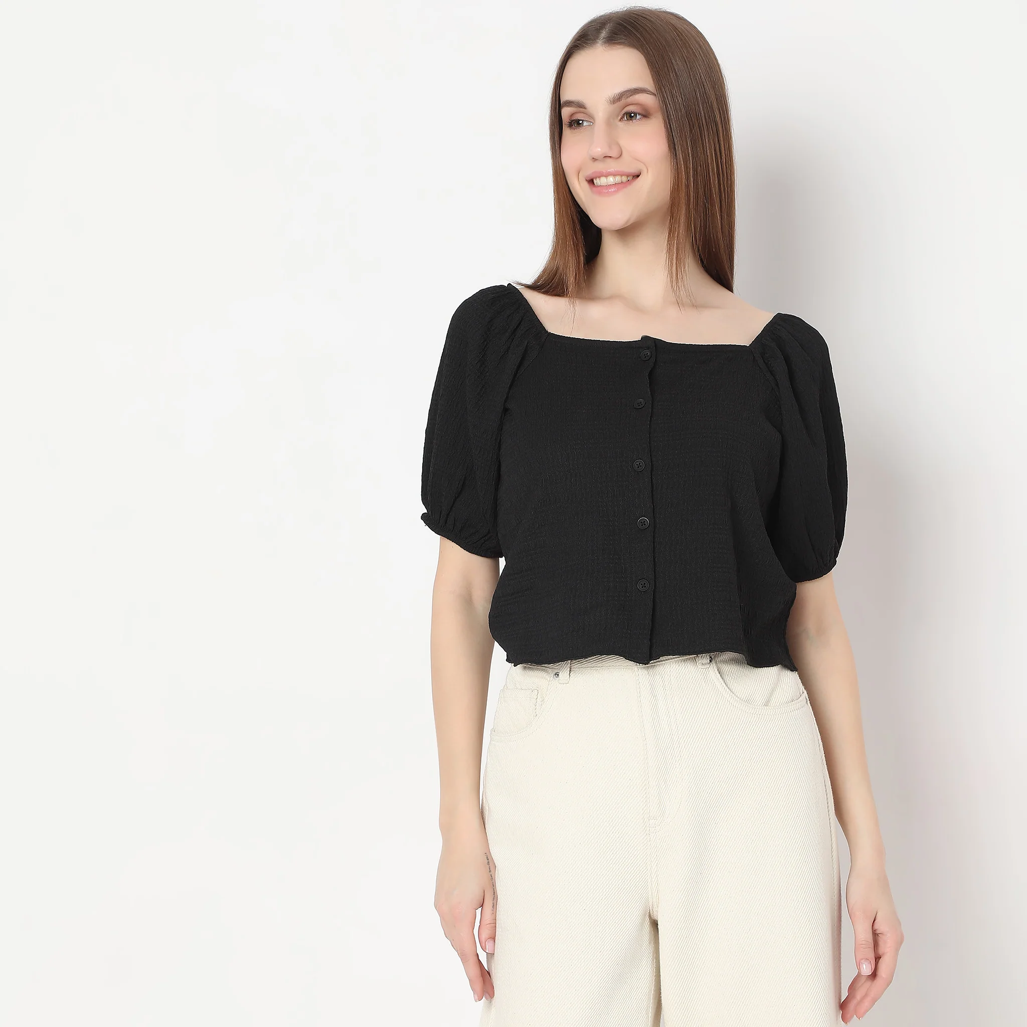 Structured Square Neck Pleasant Sleeve Knit Top - Image 2