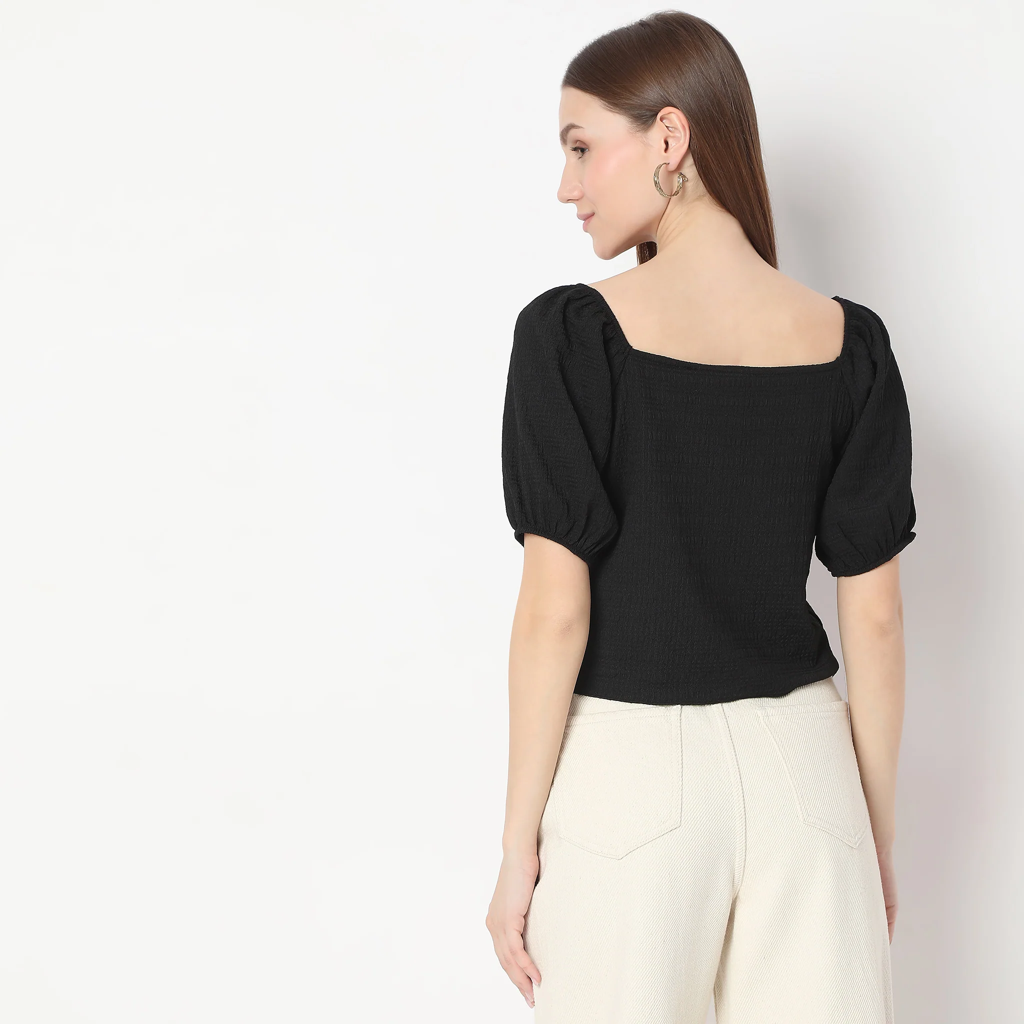 Structured Square Neck Pleasant Sleeve Knit Top - Image 3