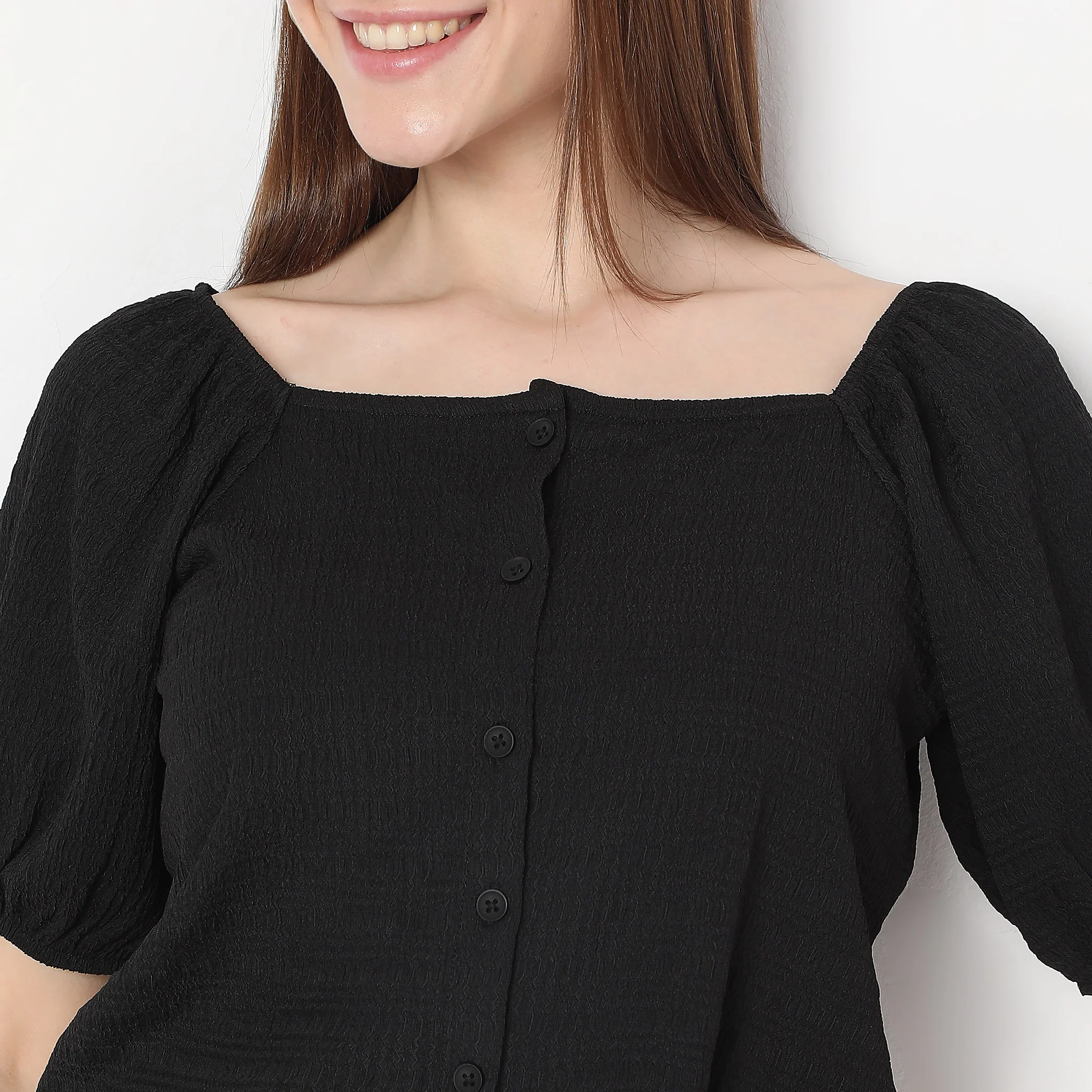 Structured Square Neck Pleasant Sleeve Knit Top - Image 4