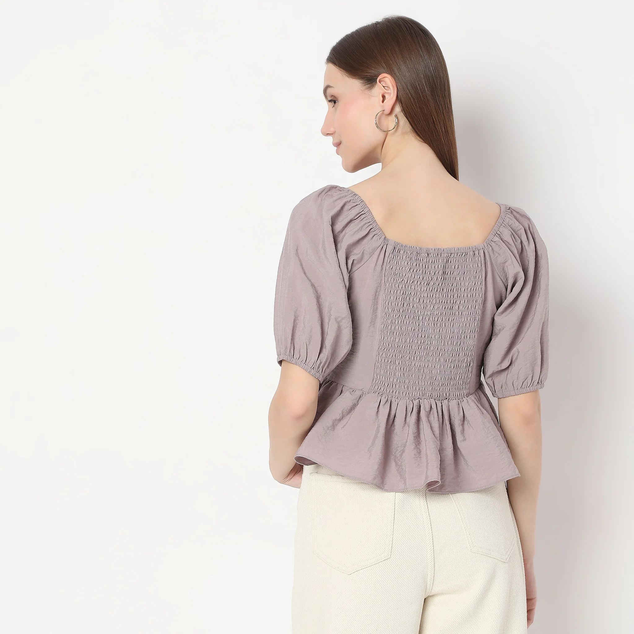 Sweetheart Neck Back Ruched Smocking Peplum Top - Image 3
