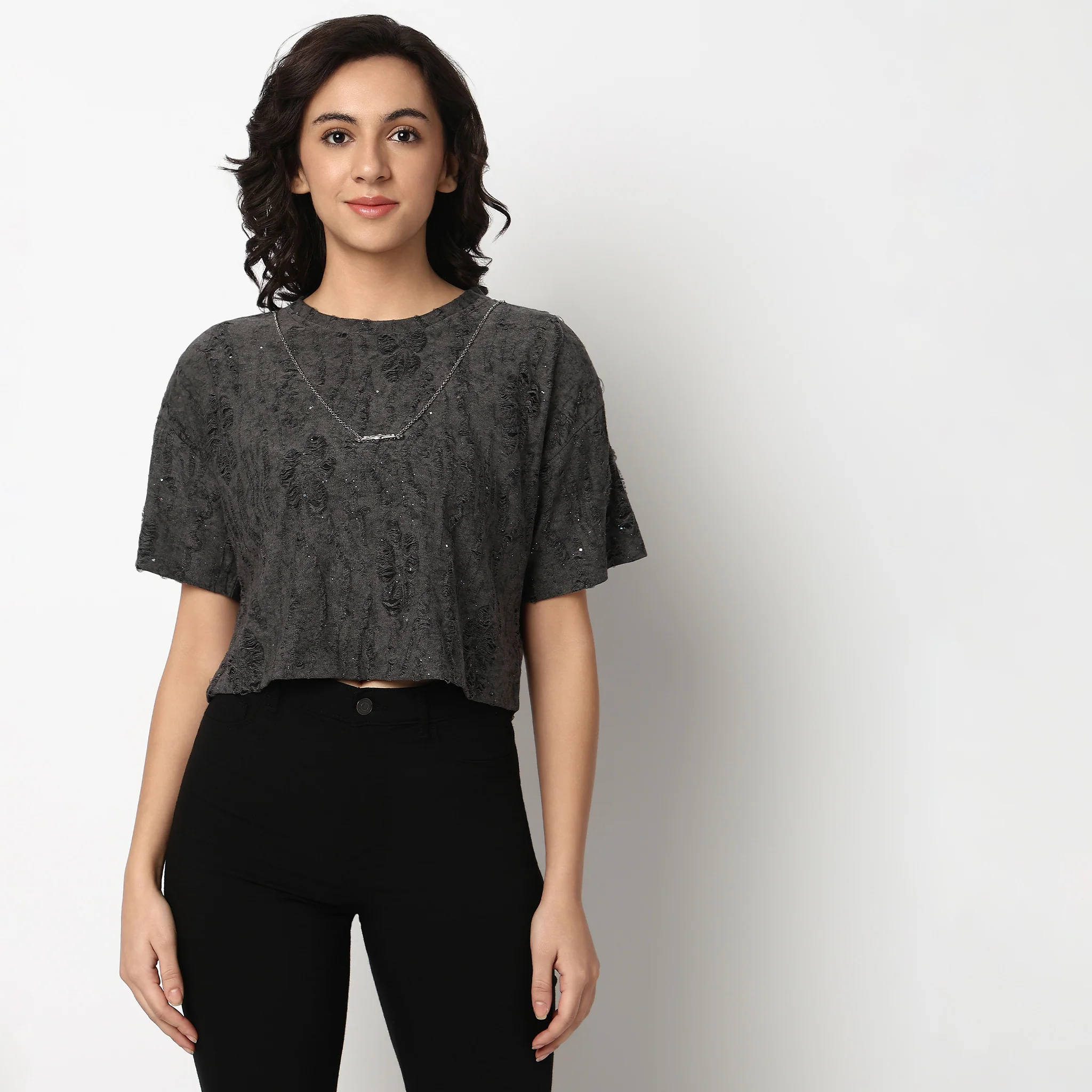 Textured Cropped T-Shirt with Chain Detailing - Image 2