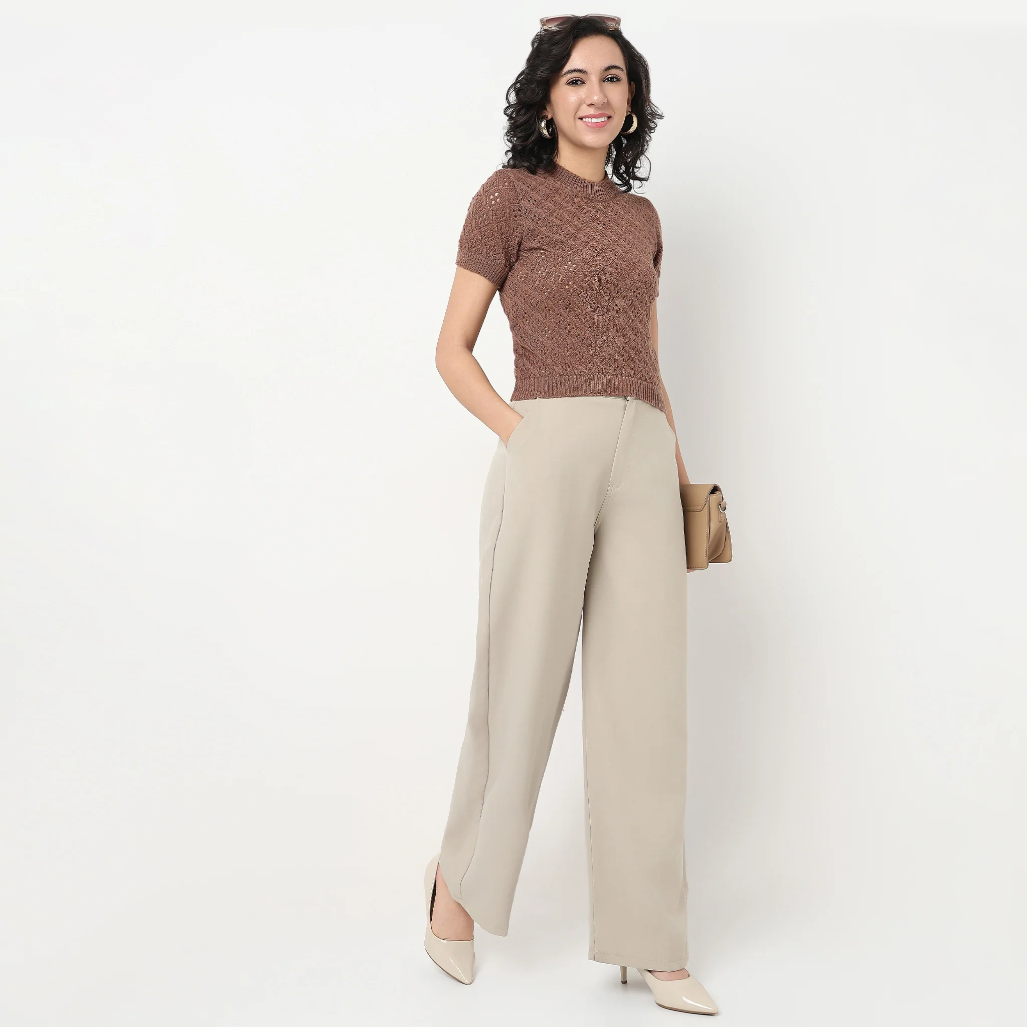 Textured Flat Knit Slim Fit Cropped Sweater