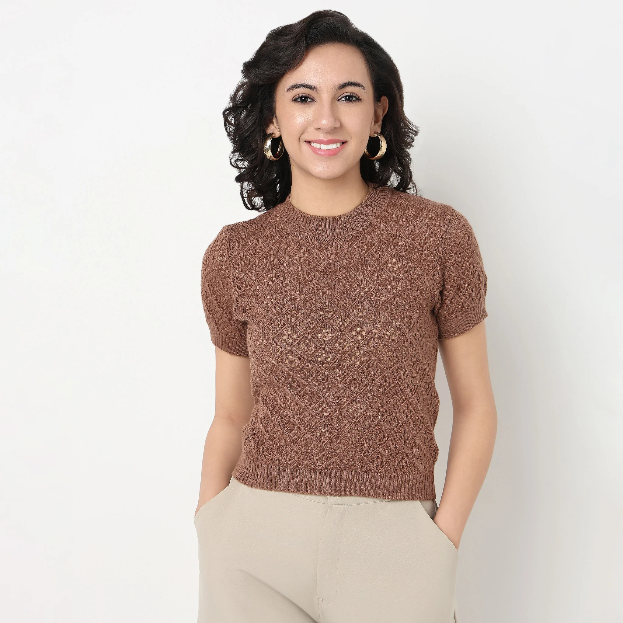 Textured Flat Knit Slim Fit Cropped Sweater - Image 2