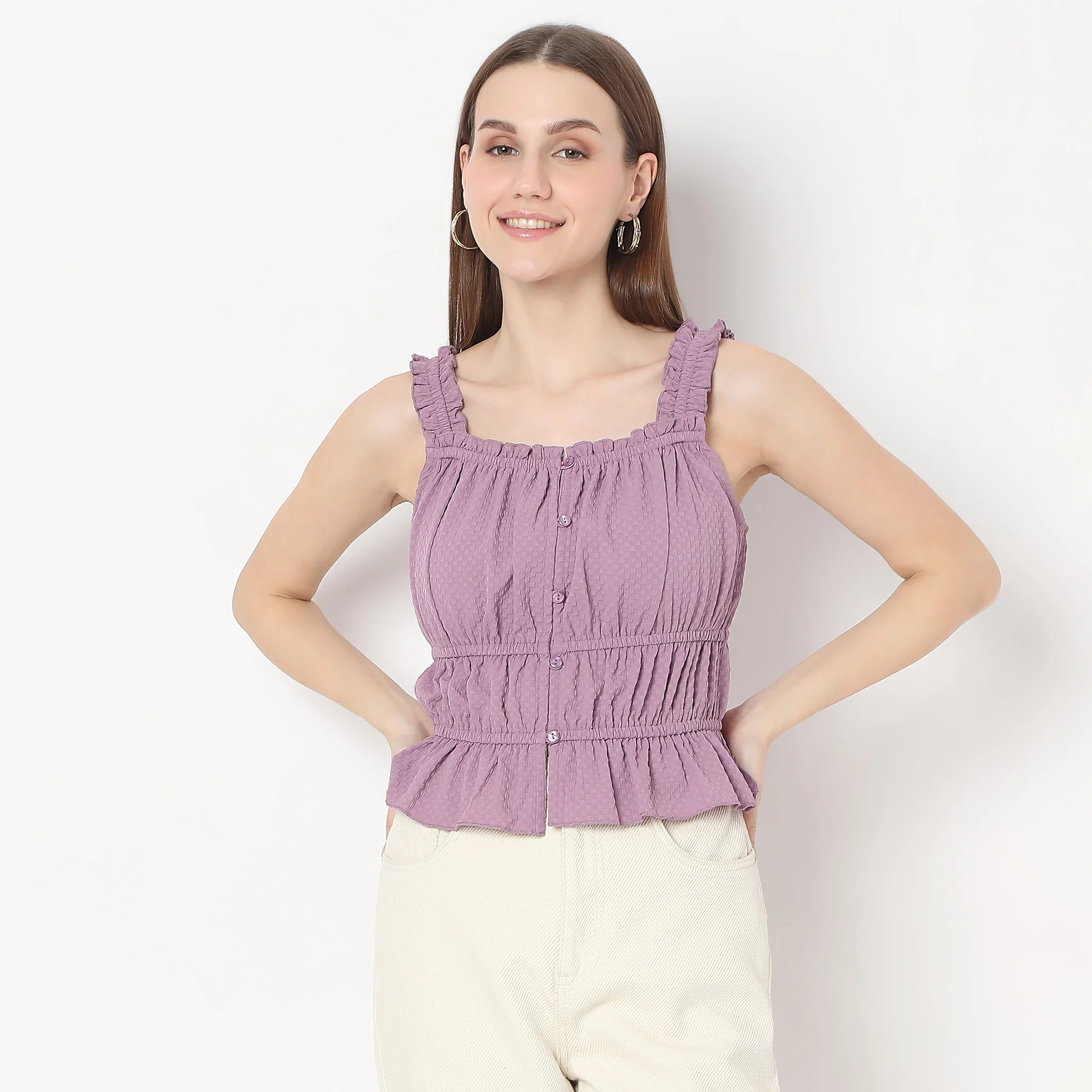 Textured Ruffled Shoulder Straps Betty Smocked Top - Image 2