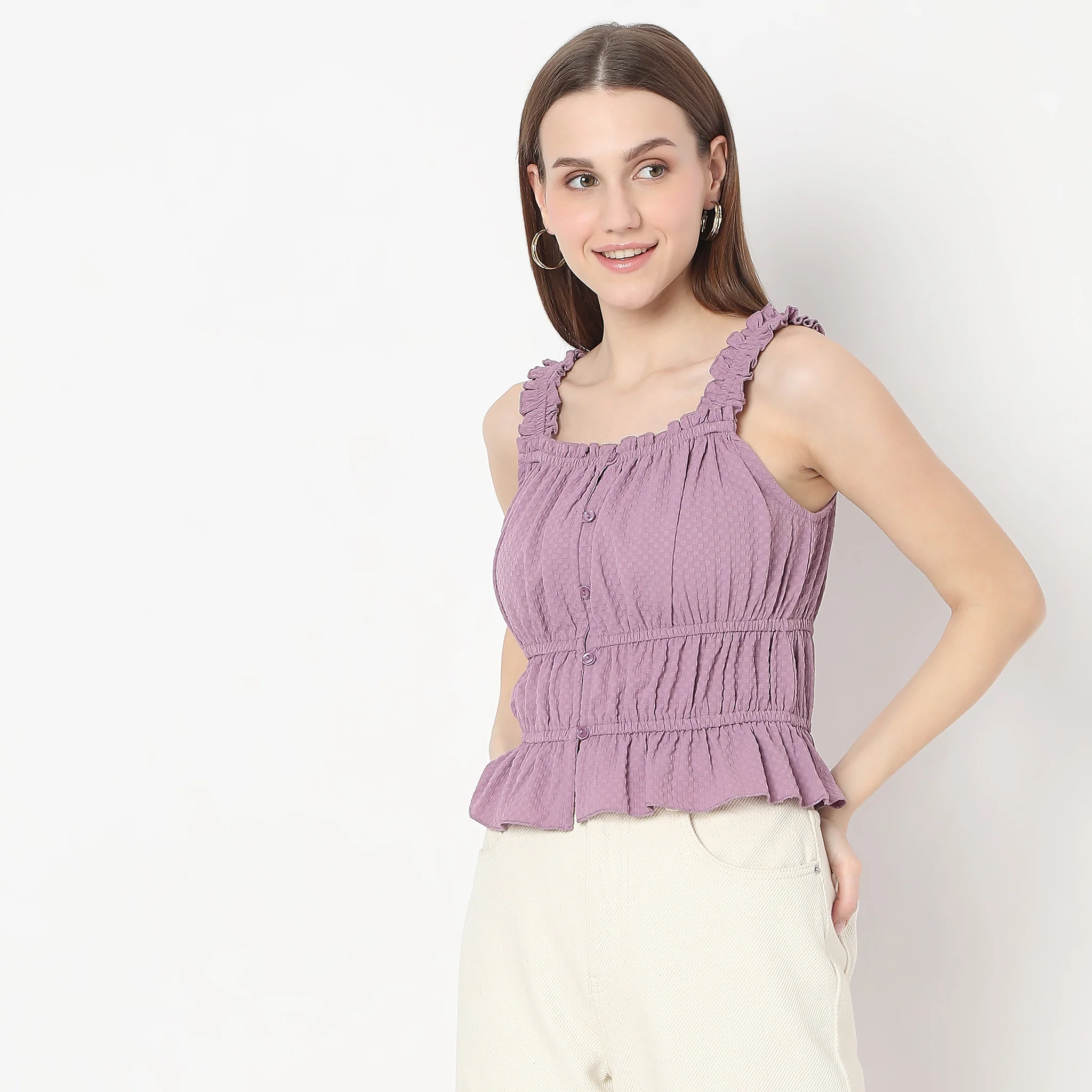 Textured Ruffled Shoulder Straps Betty Smocked Top - Image 5