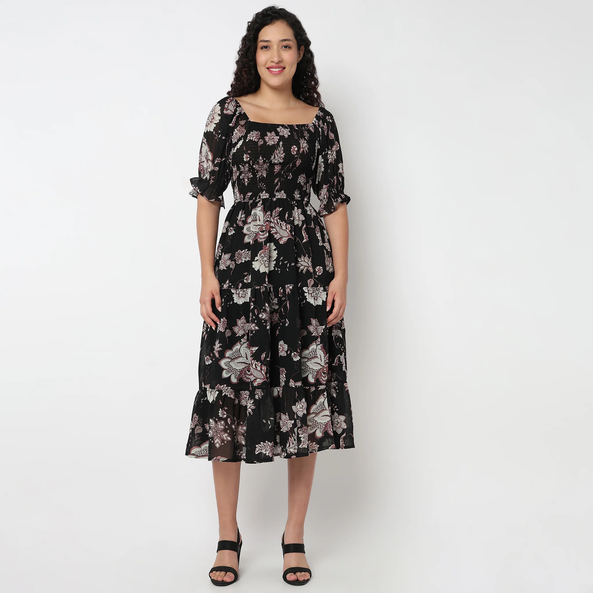 Tiered Floral Dress with Elasticated Sleeve - Image 2
