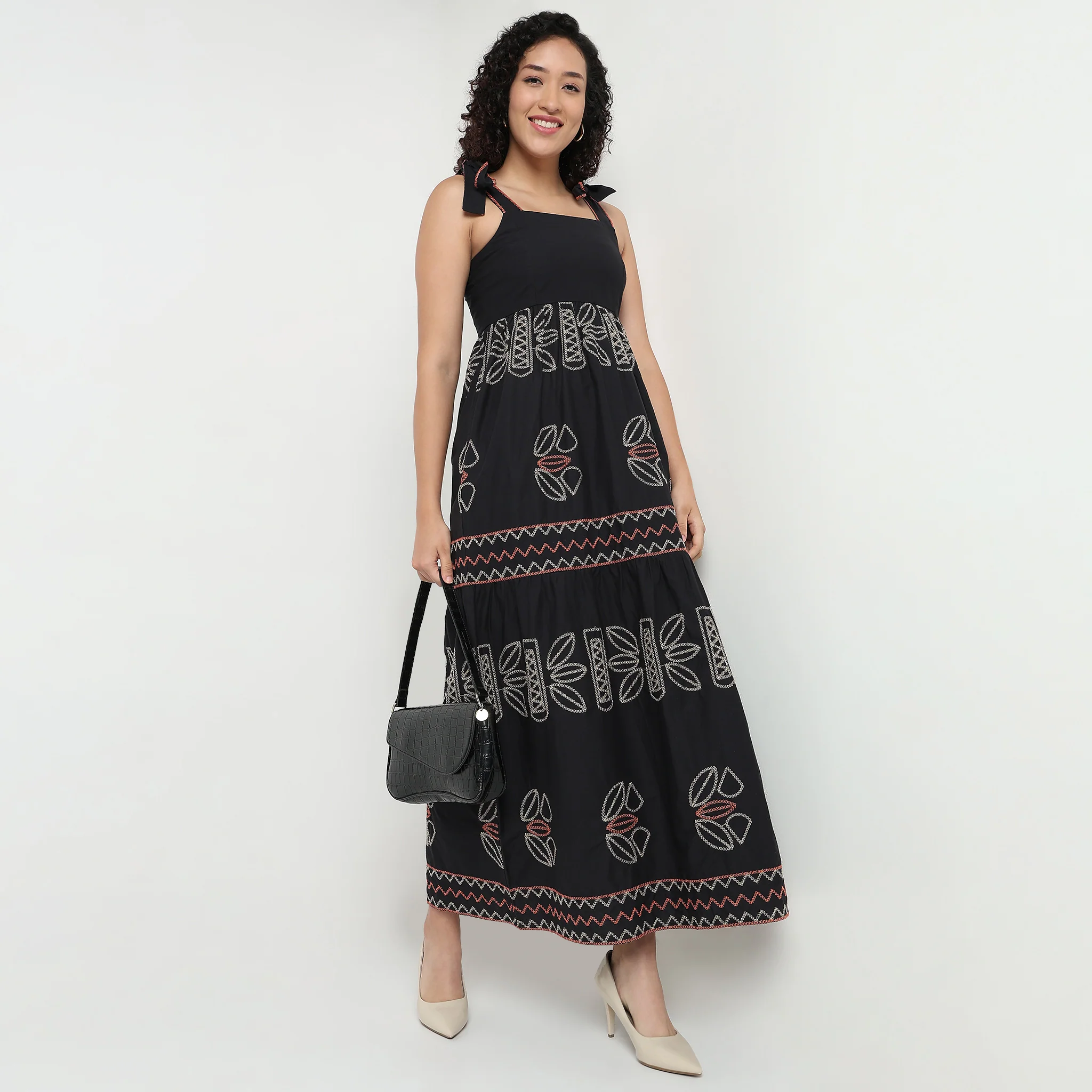Tribal Print Cotton Flared Long Dress
