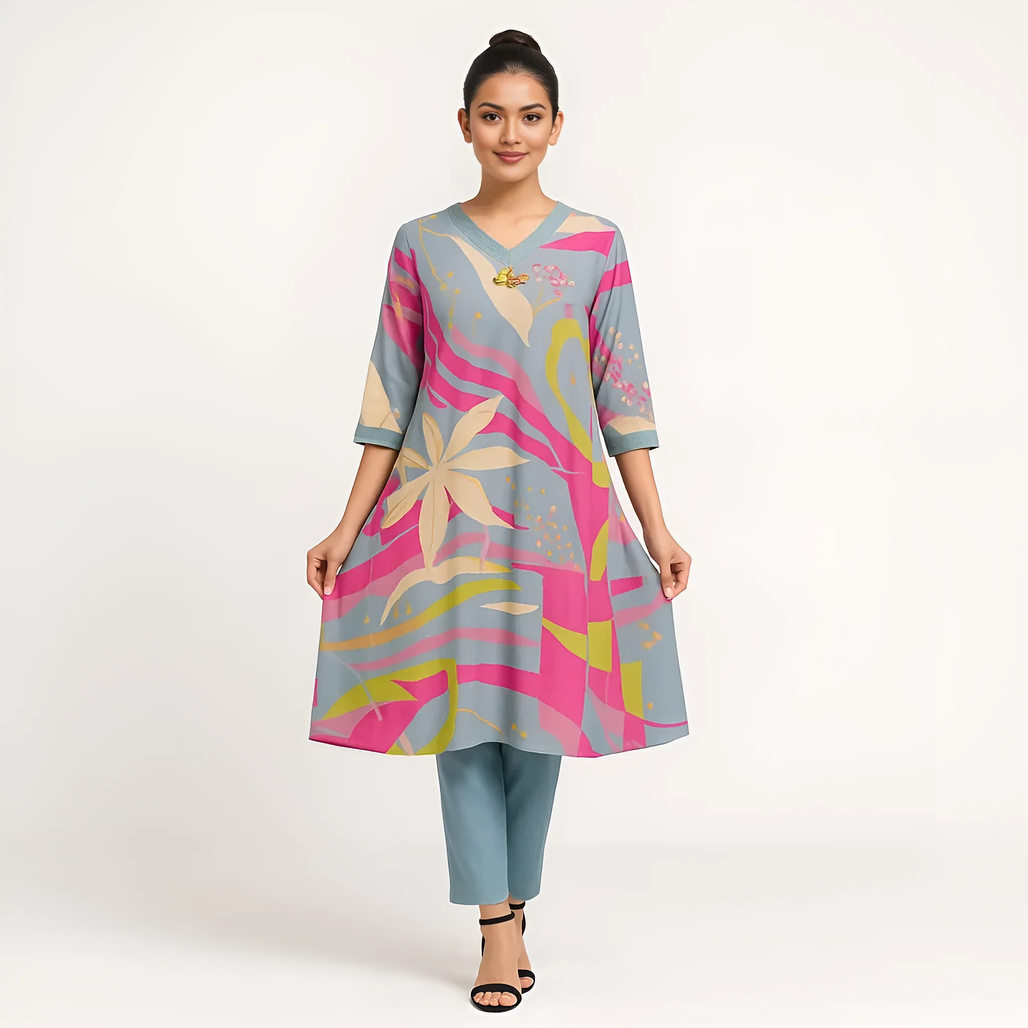 V-Neck Cotton Kurta and Pant Set - Image 2