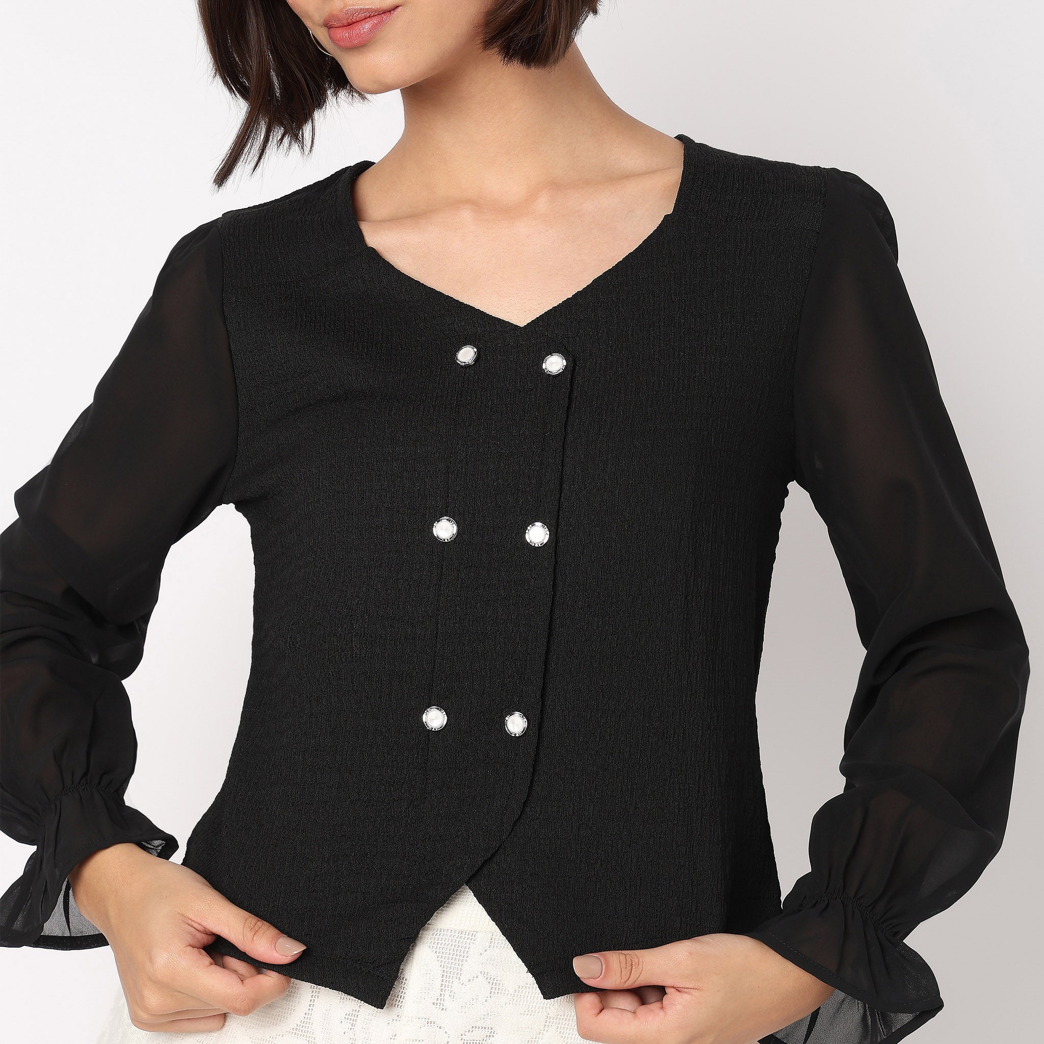 V-Neck Double Breasted Top With Korean Buttons - Image 4