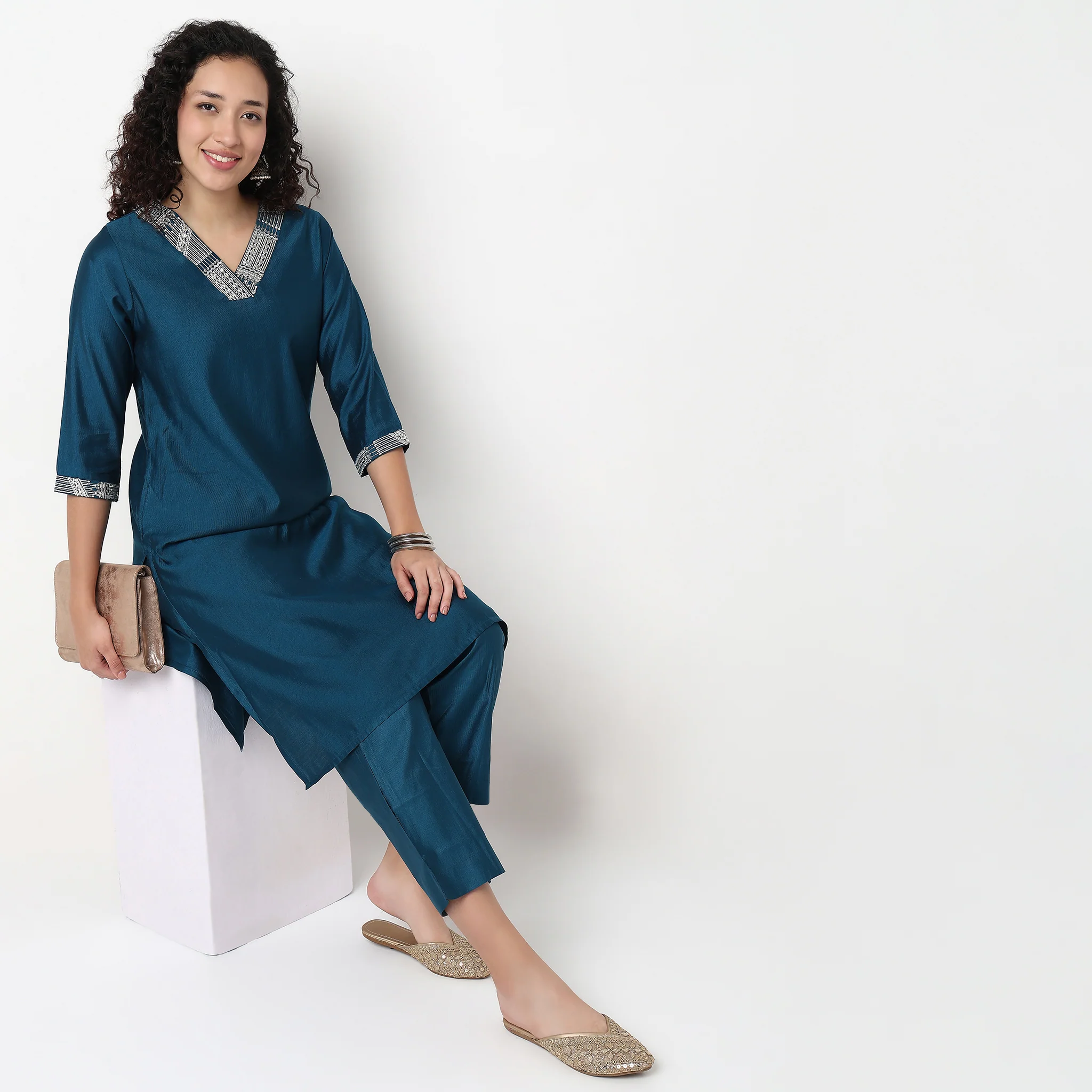 V-Neck Embroidered Kurta and Pant Set