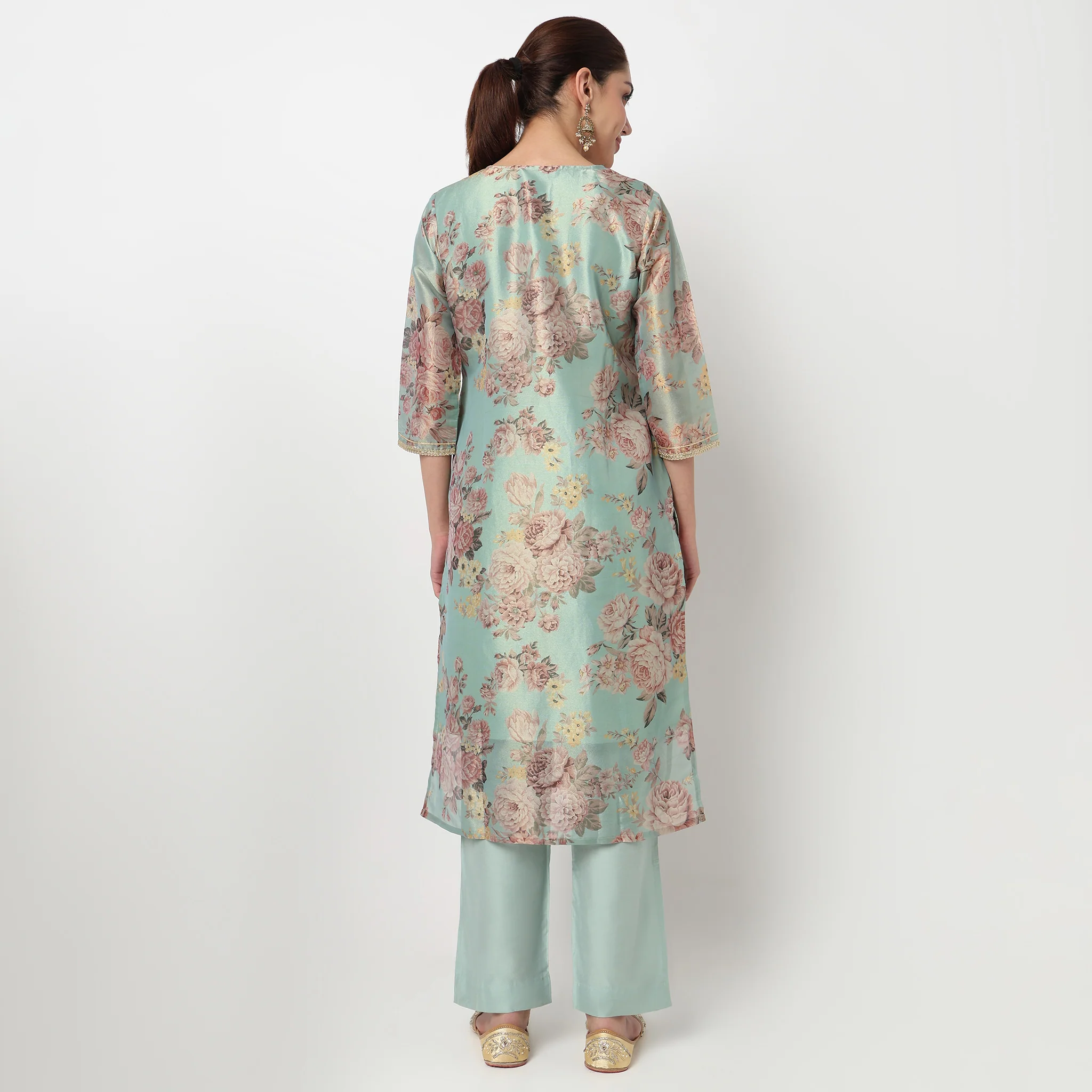 V-Neck Embroidered Kurta with Pant & with Dupatta Set - Image 3