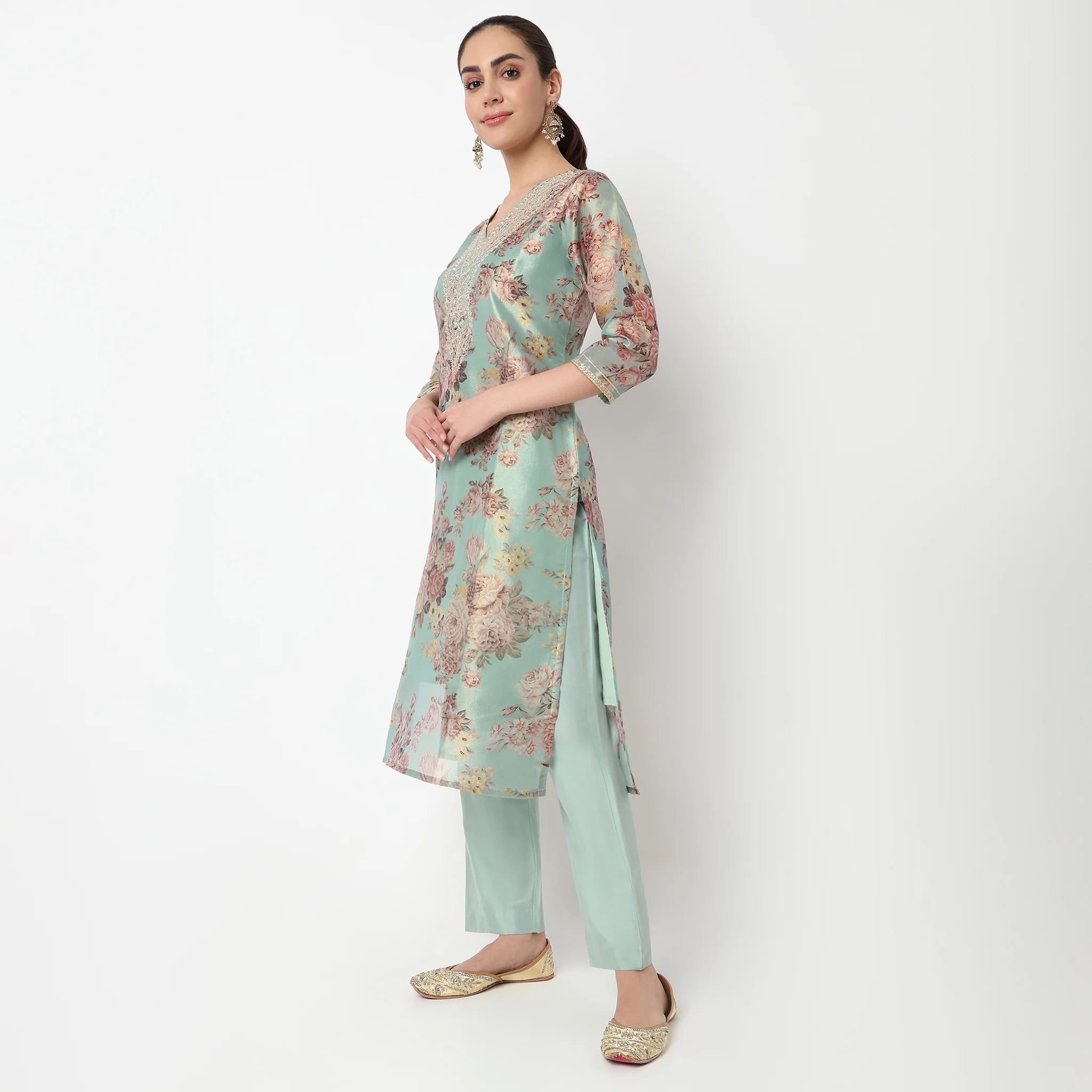 V-Neck Embroidered Kurta with Pant & with Dupatta Set - Image 5