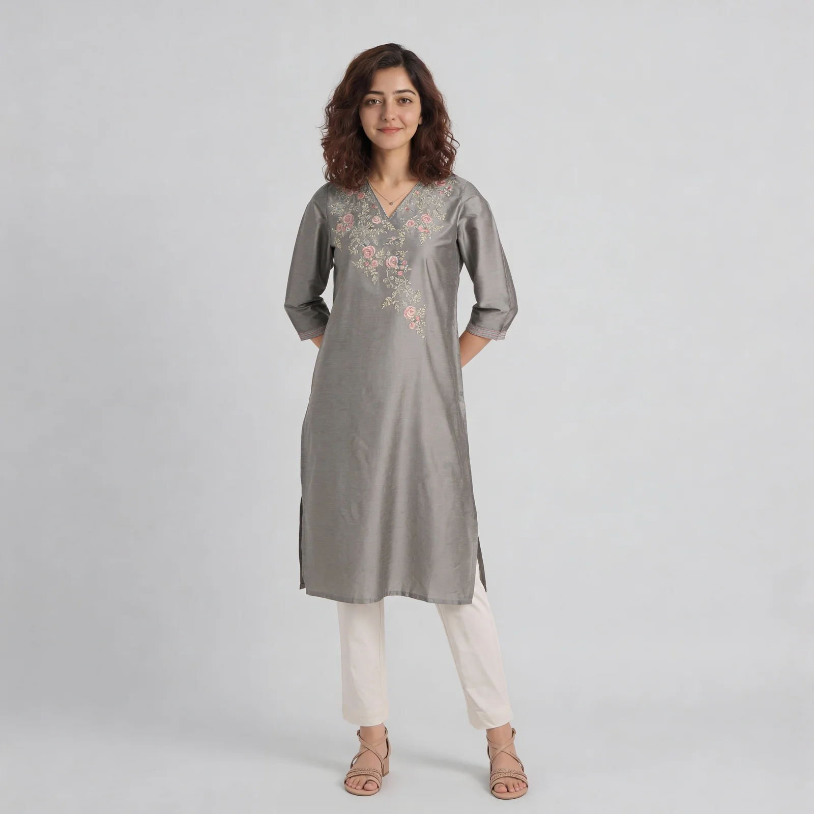 V-Neck Embroidered Straight Kurta - Image 2