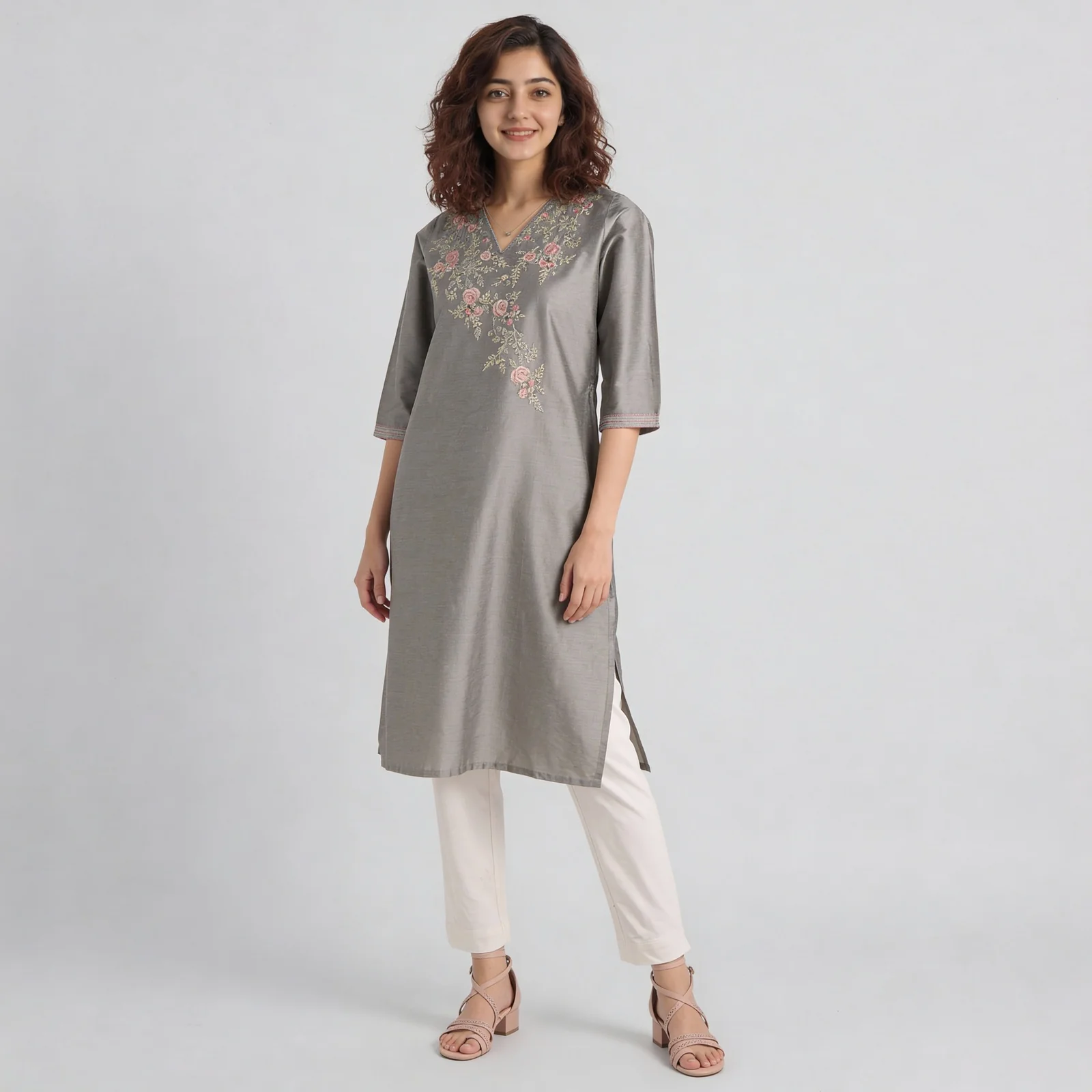 V-Neck Embroidered Straight Kurta - Image 5