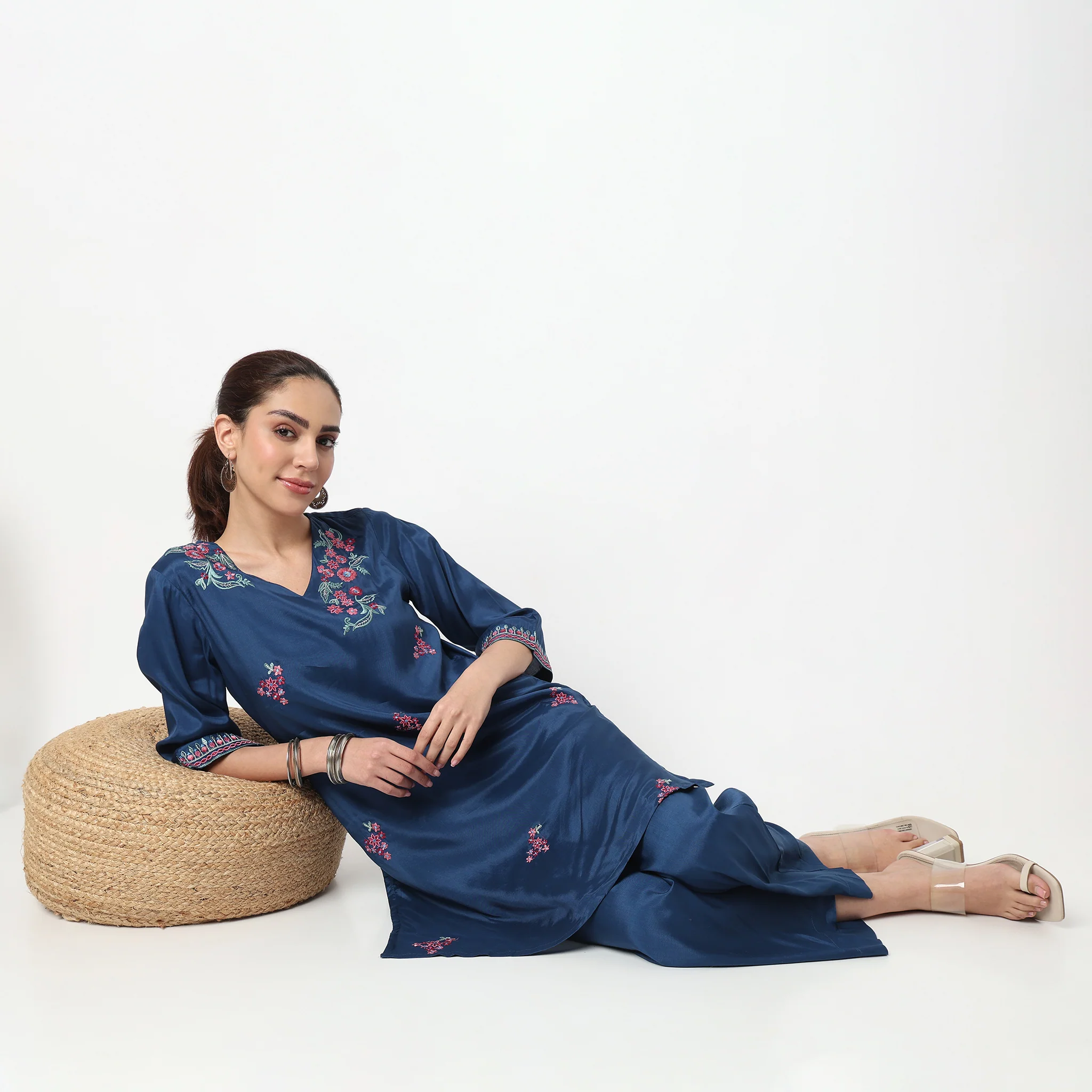 V-Neck Embroidered Straight Kurta