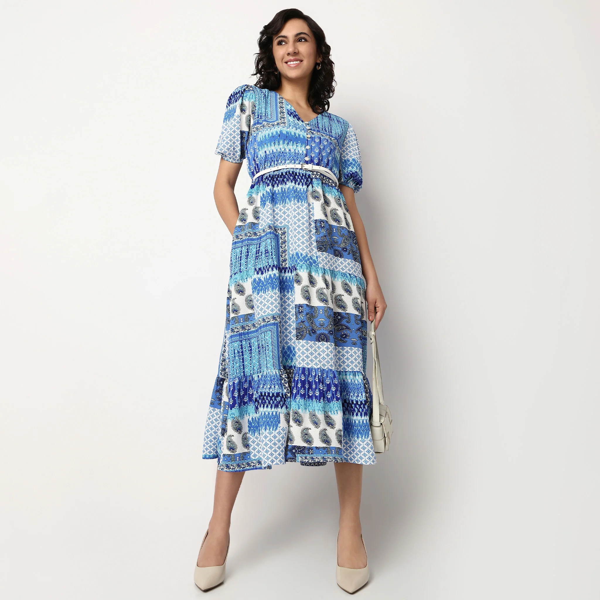 V-Neck Flared Tiered Dress With Belt