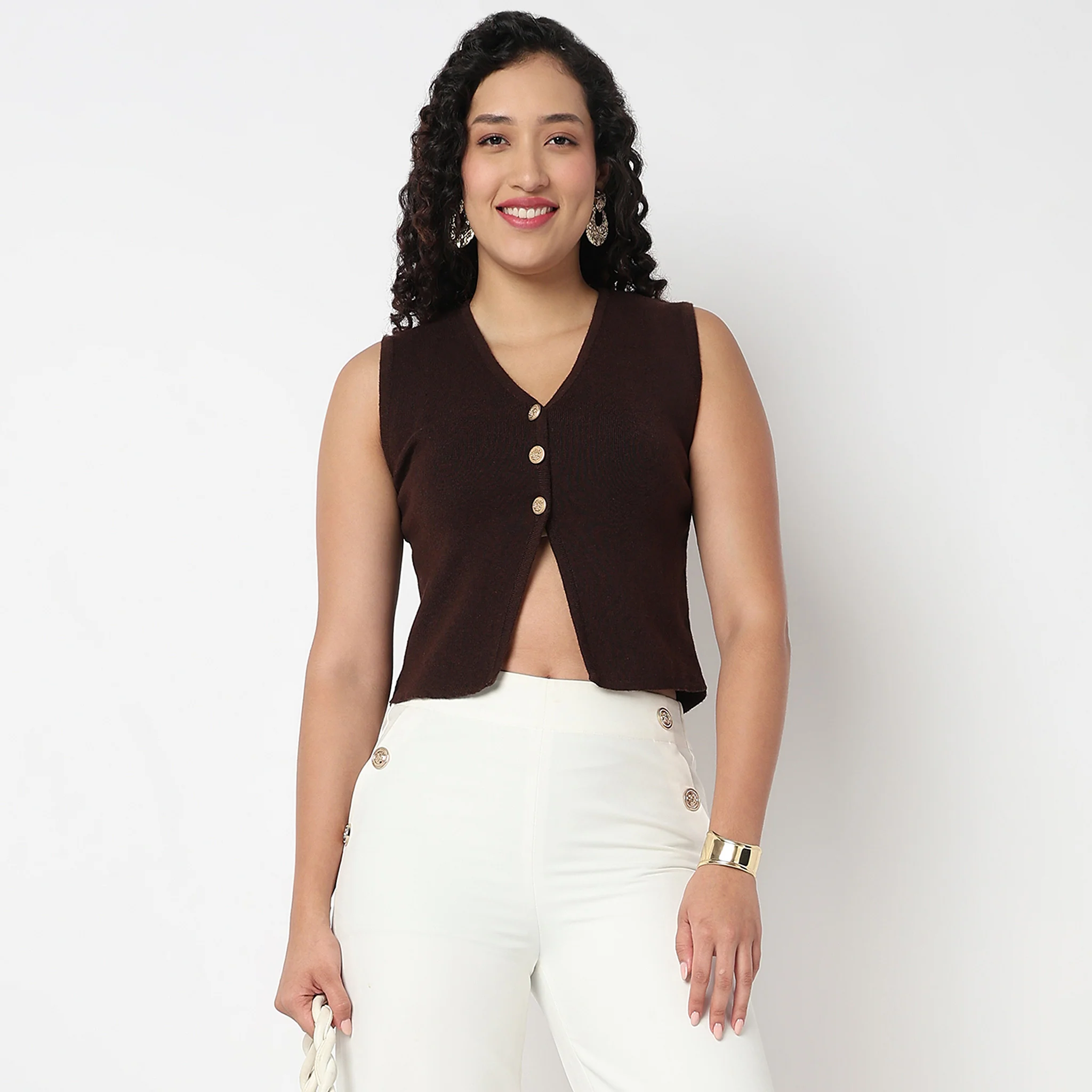 V Neck Flat Knit Crop Top - Image 2