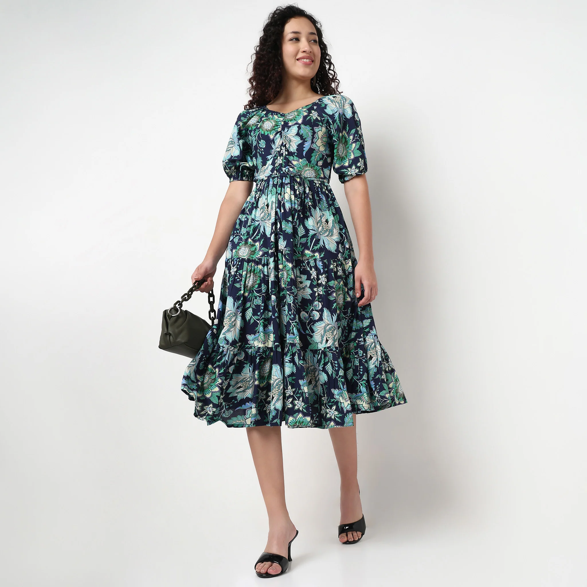 V-Neck Front Ruched Tiered Dress
