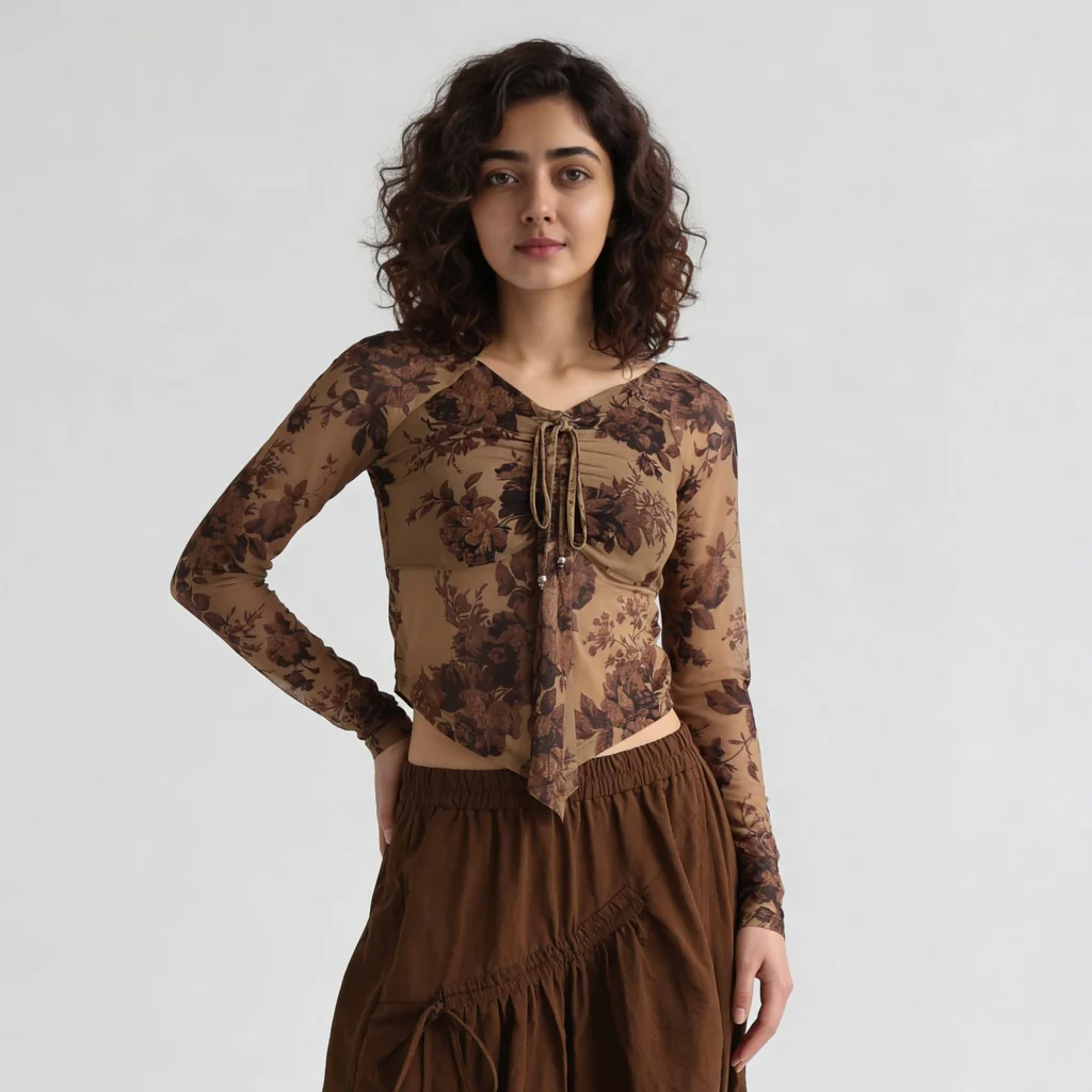 V-Neck Full Sleeves Asymmetrical Crop Top - Image 2