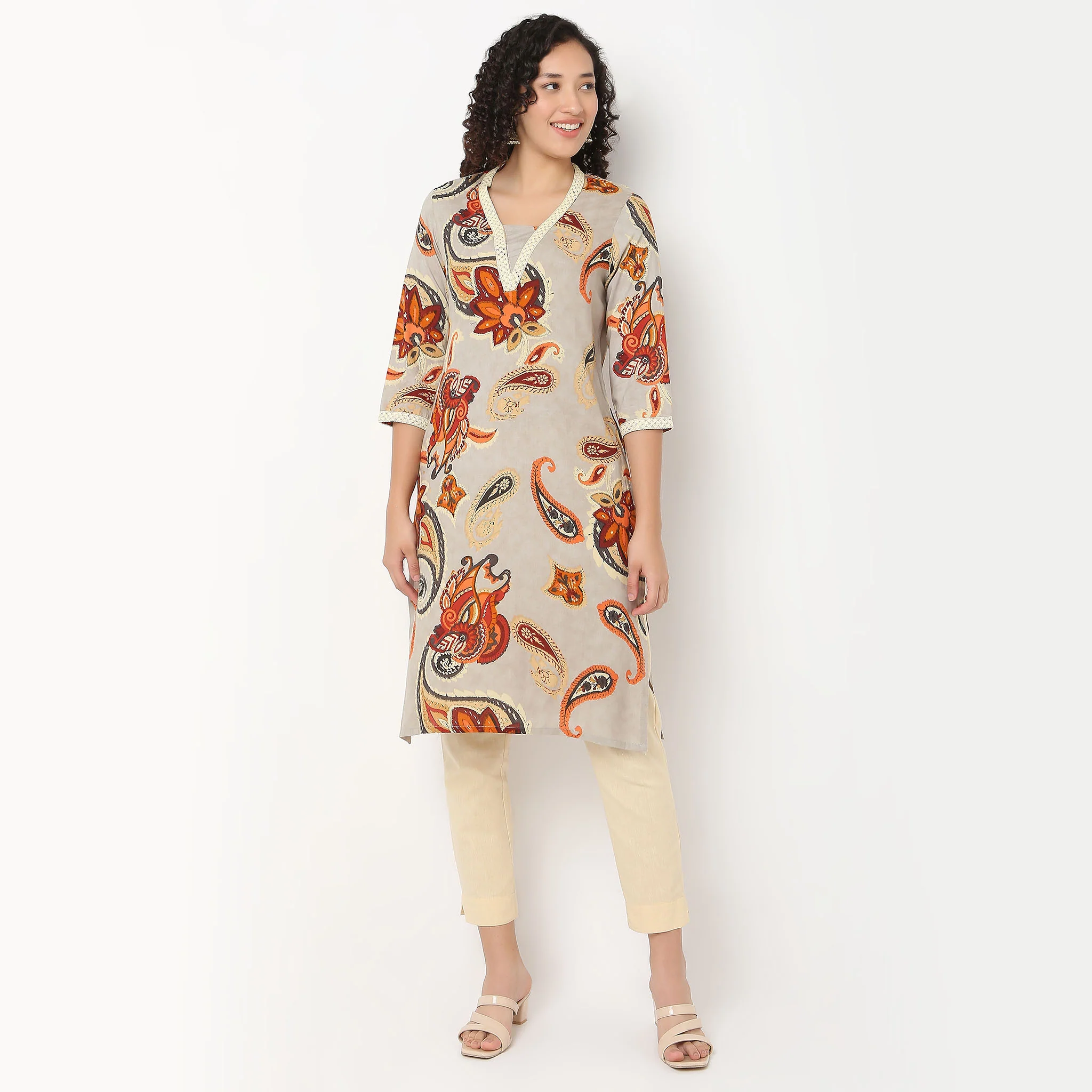 Printed V-Neck Long Kurta - Image 2