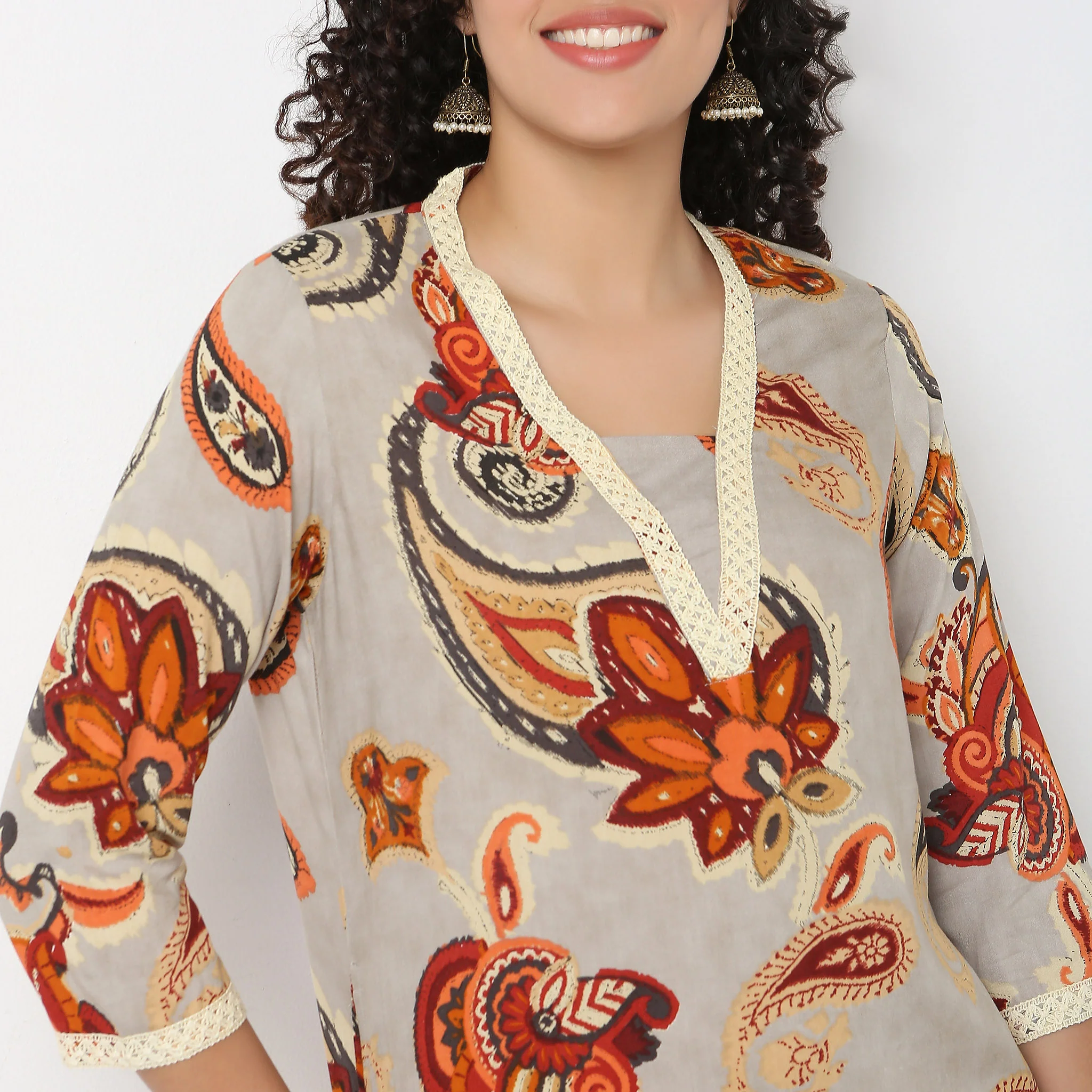 Printed V-Neck Long Kurta - Image 4