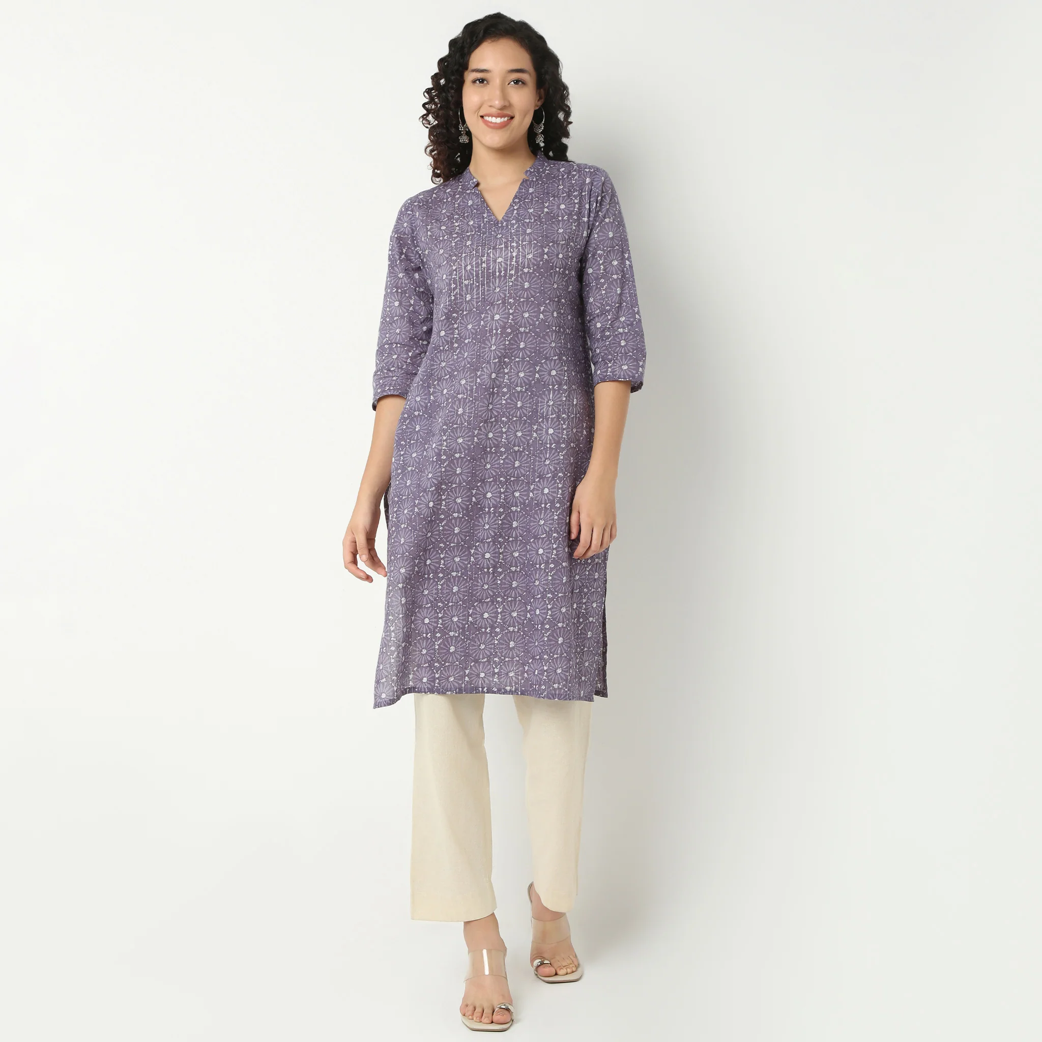 V-Neck Long Kurta With Notched Collar - Image 2