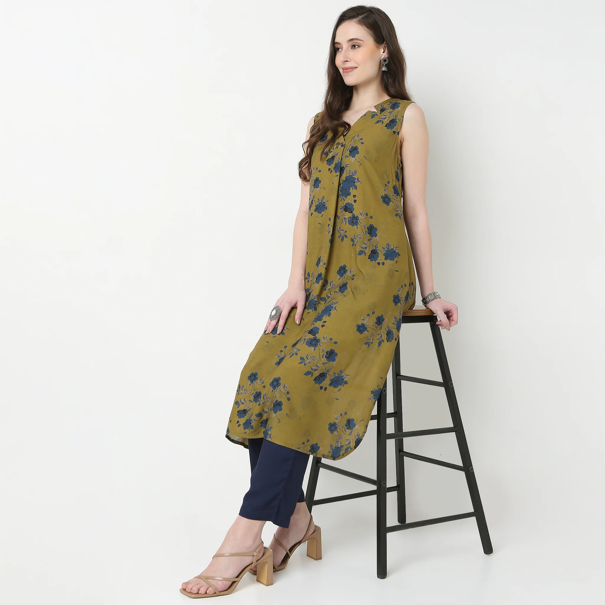 V-Neck Printed A-Line Kurta