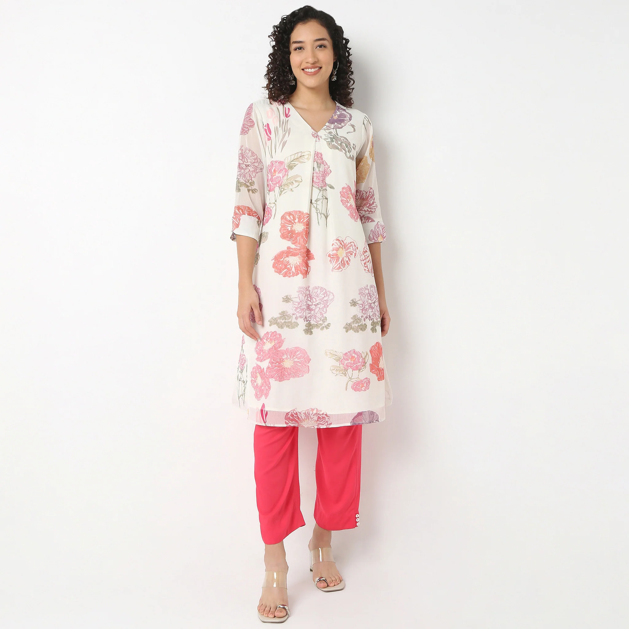 V-Neck Printed Below Knee Straight Kurta - Image 2