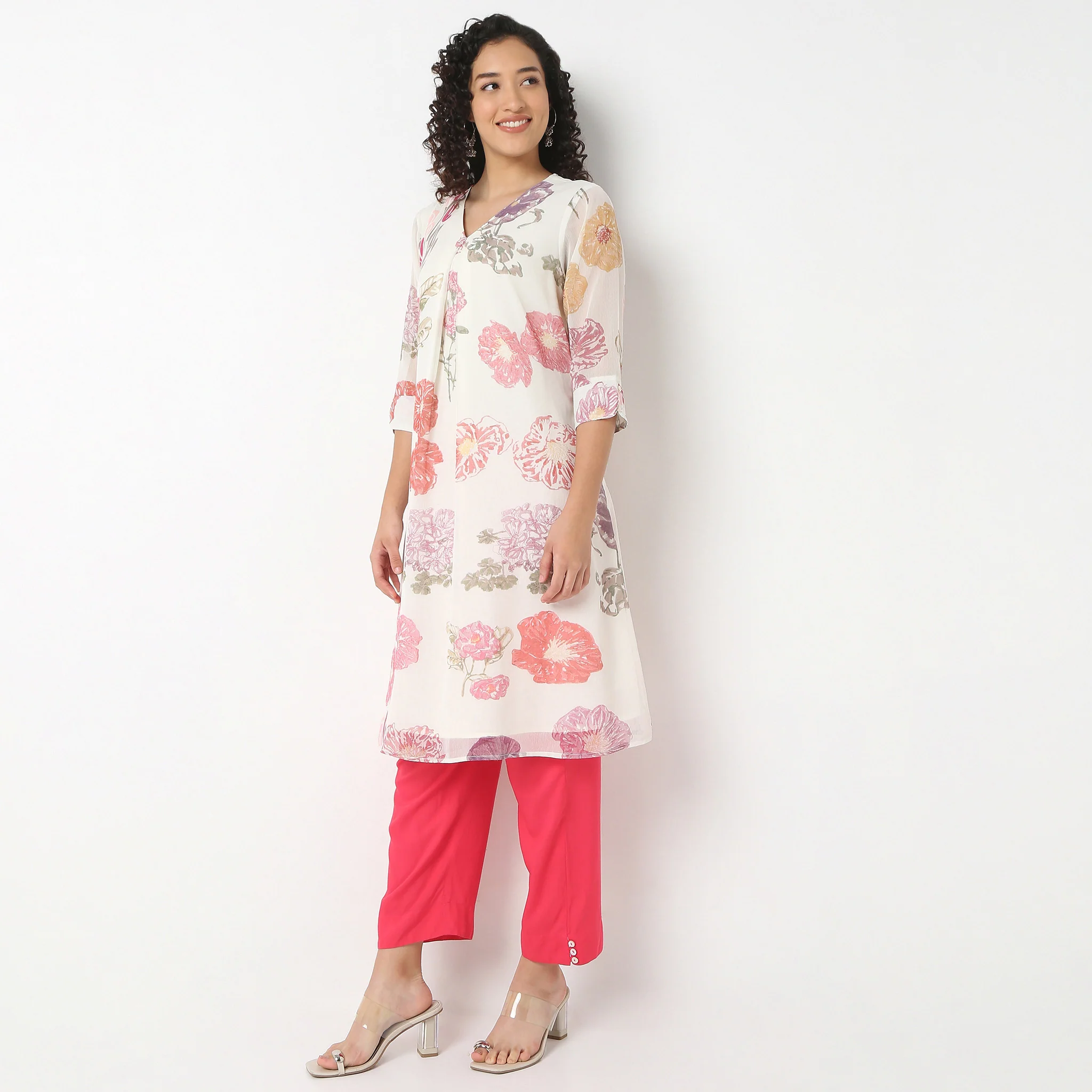 V-Neck Printed Below Knee Straight Kurta - Image 5
