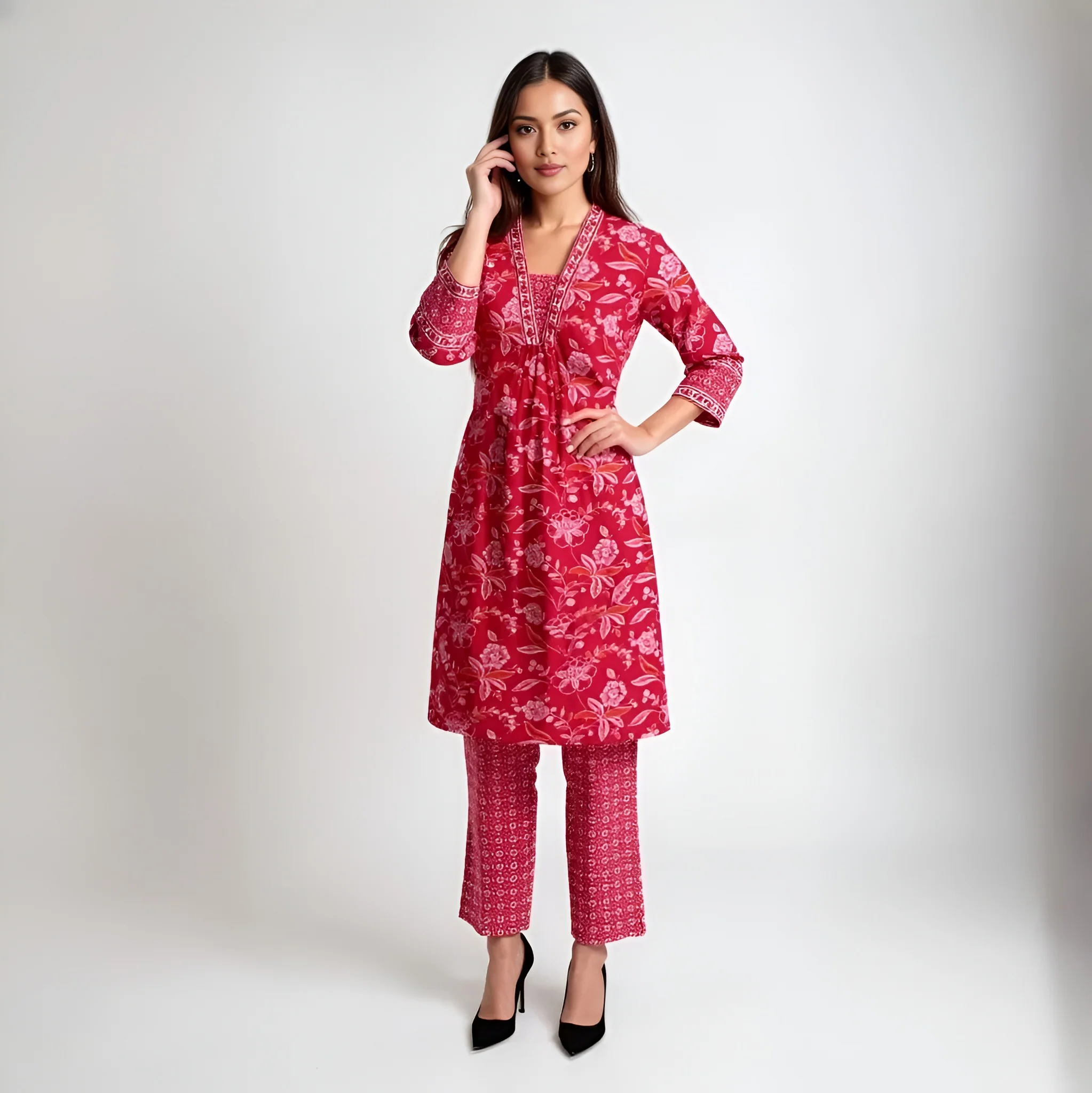 V-Neck Printed Flared Kurta and Pant Set - Image 2