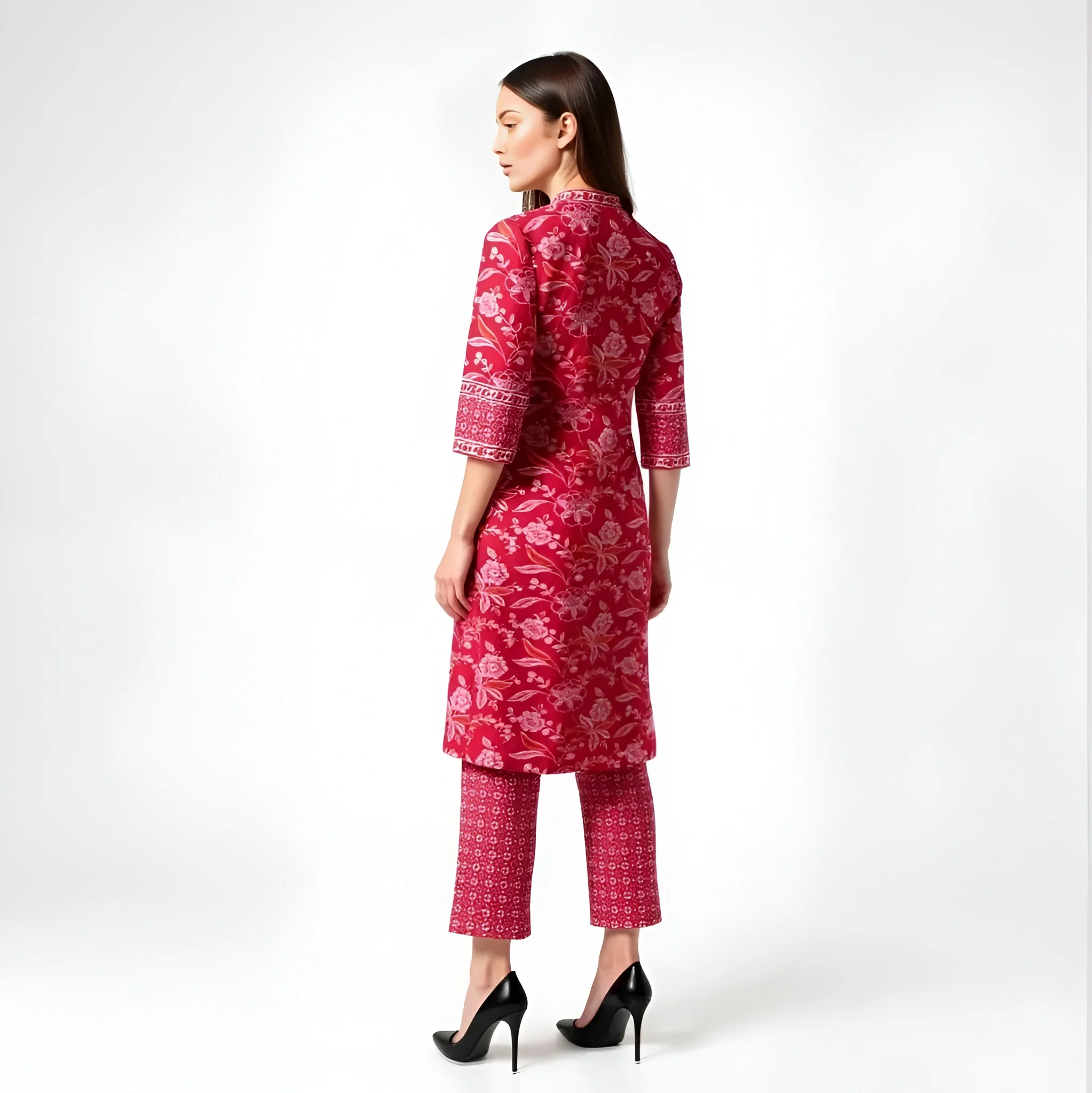 V-Neck Printed Flared Kurta and Pant Set - Image 3