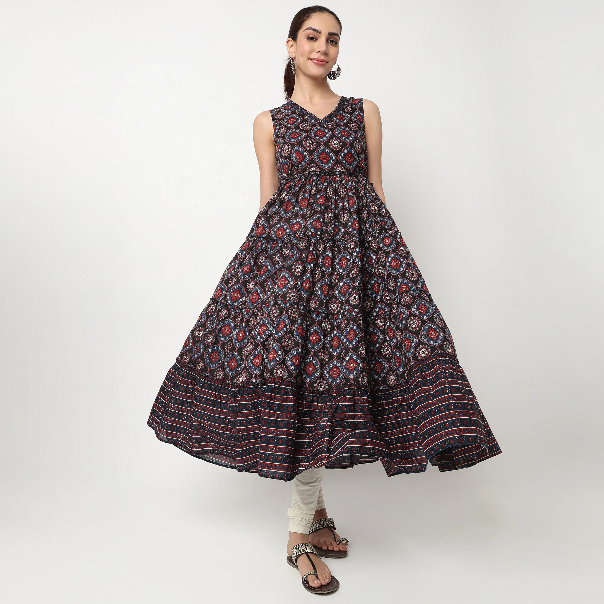 V-Neck Printed Flared Kurta
