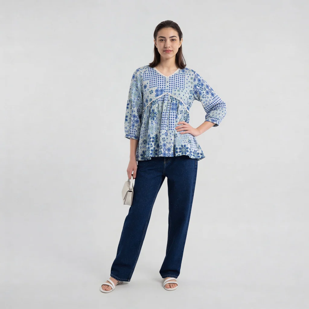 V-Neck Printed Flared W Cut Top