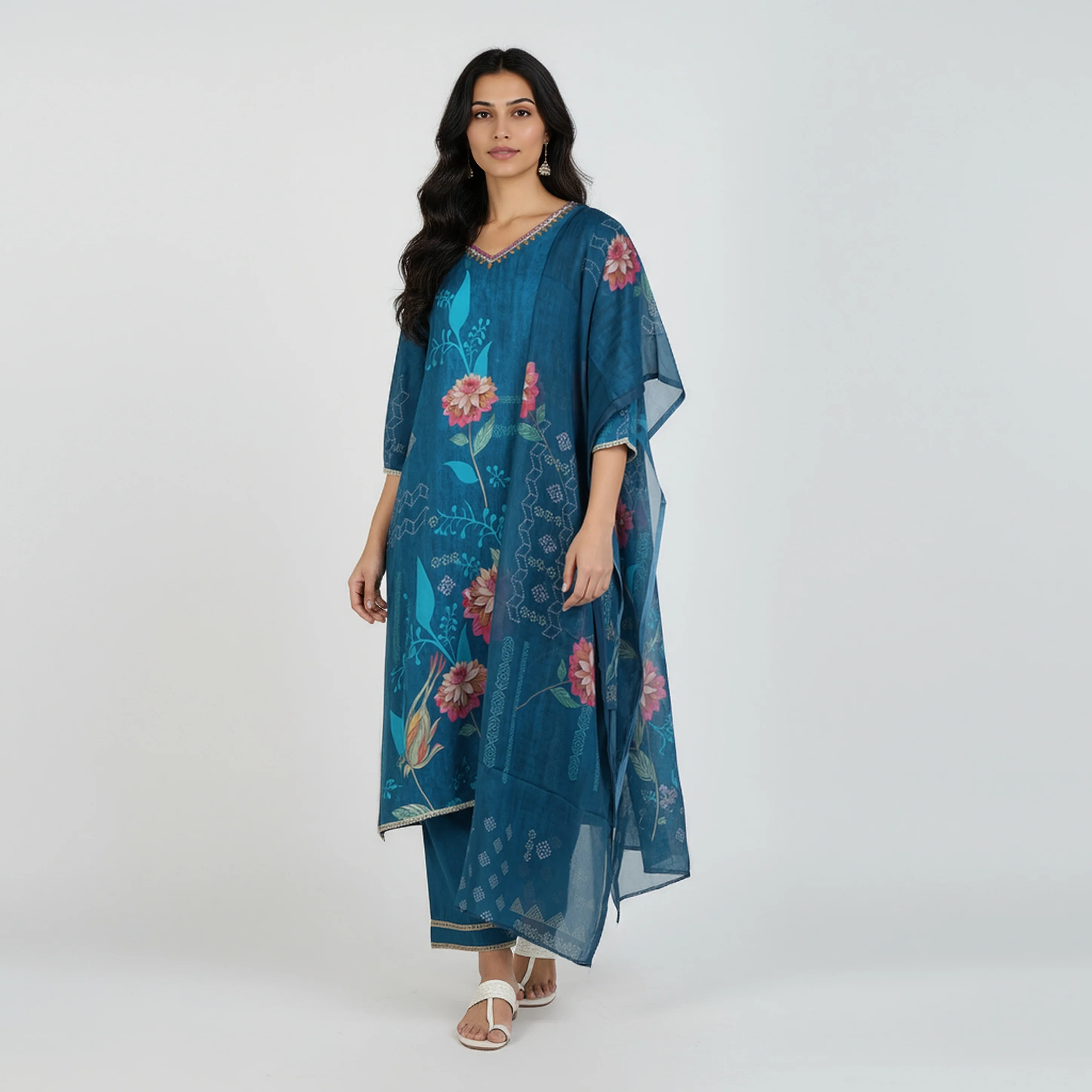 V-Neck Printed Kurta and Pant with Dupatta Set - Image 2