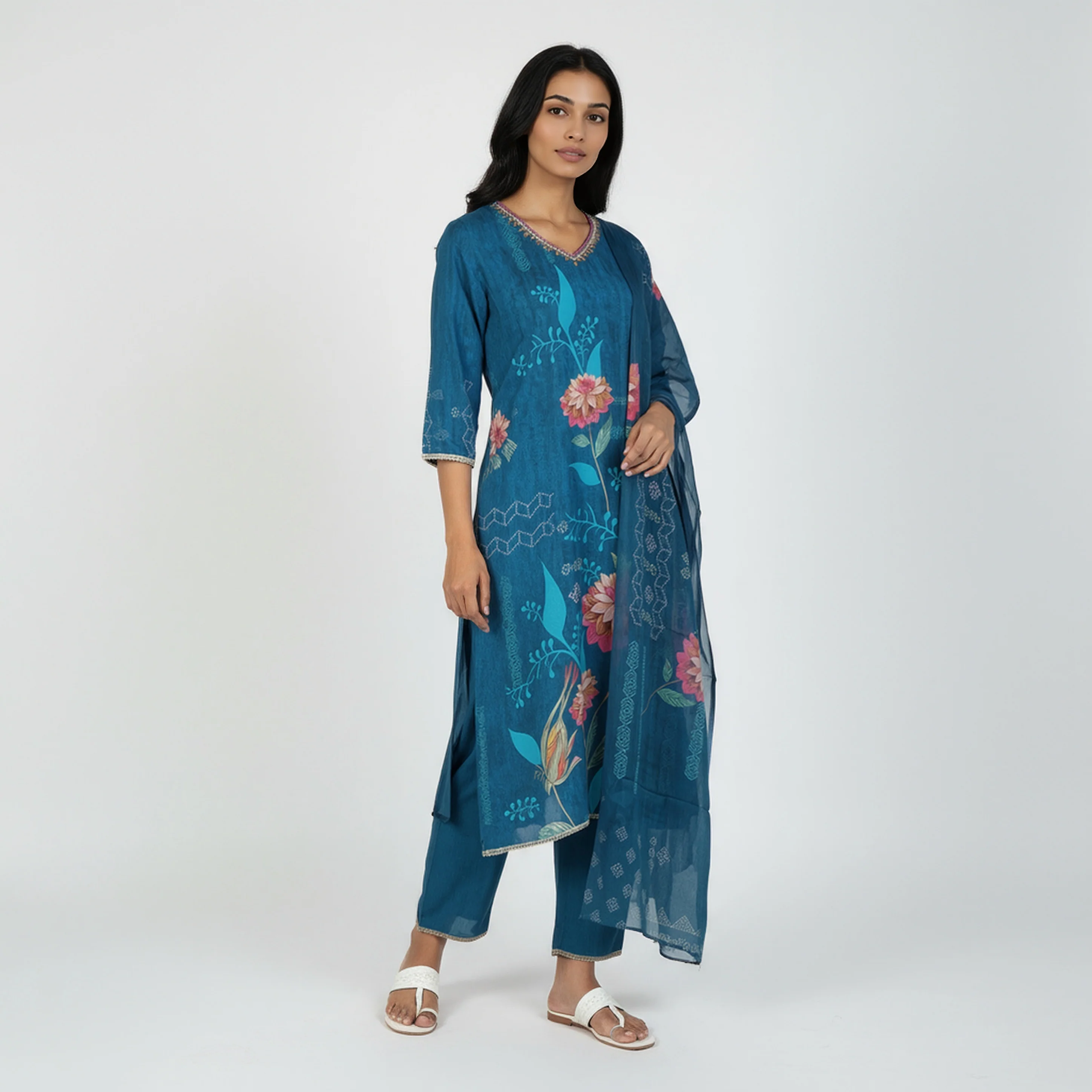V-Neck Printed Kurta and Pant with Dupatta Set - Image 5