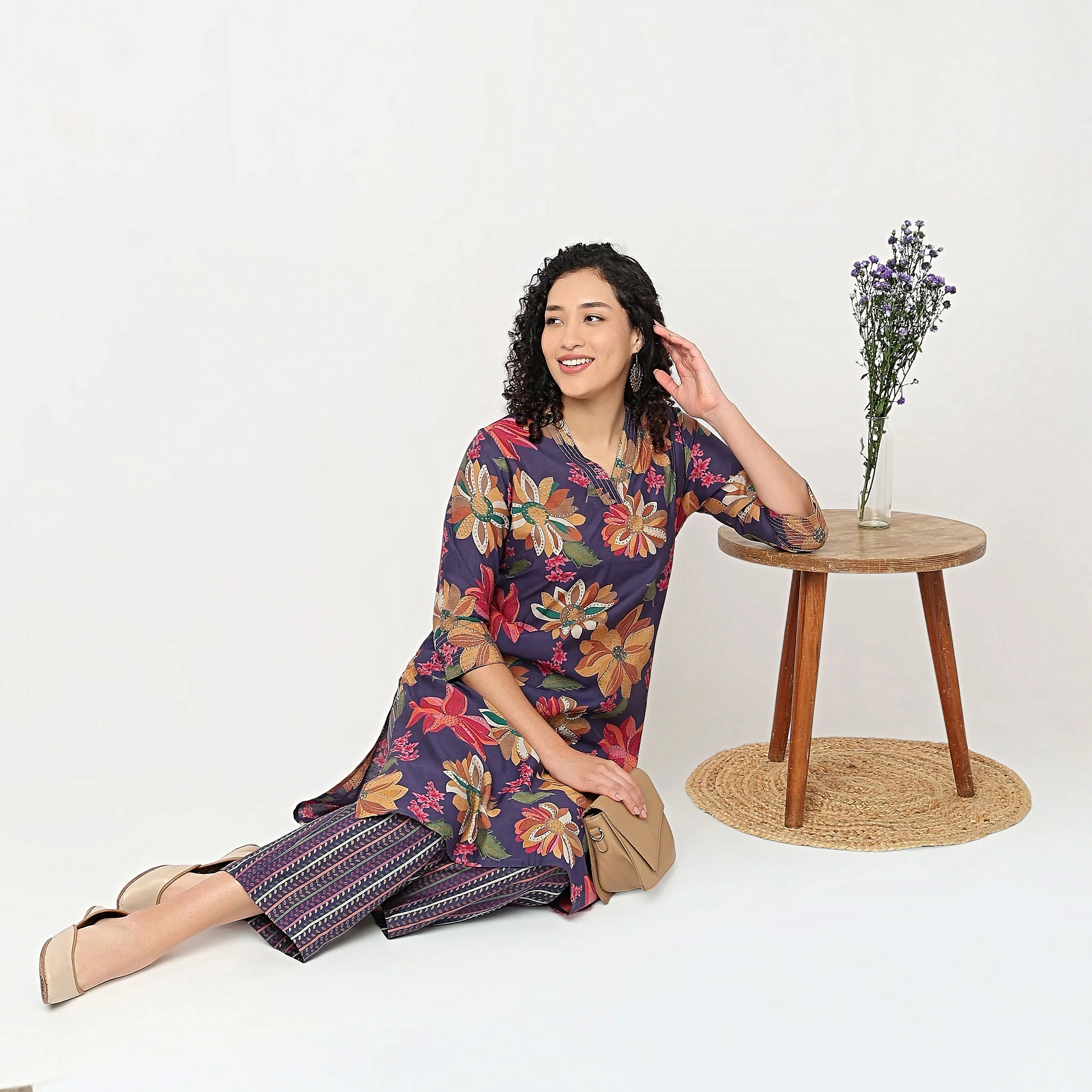 V-Neck Printed Kurta with Pant Set
