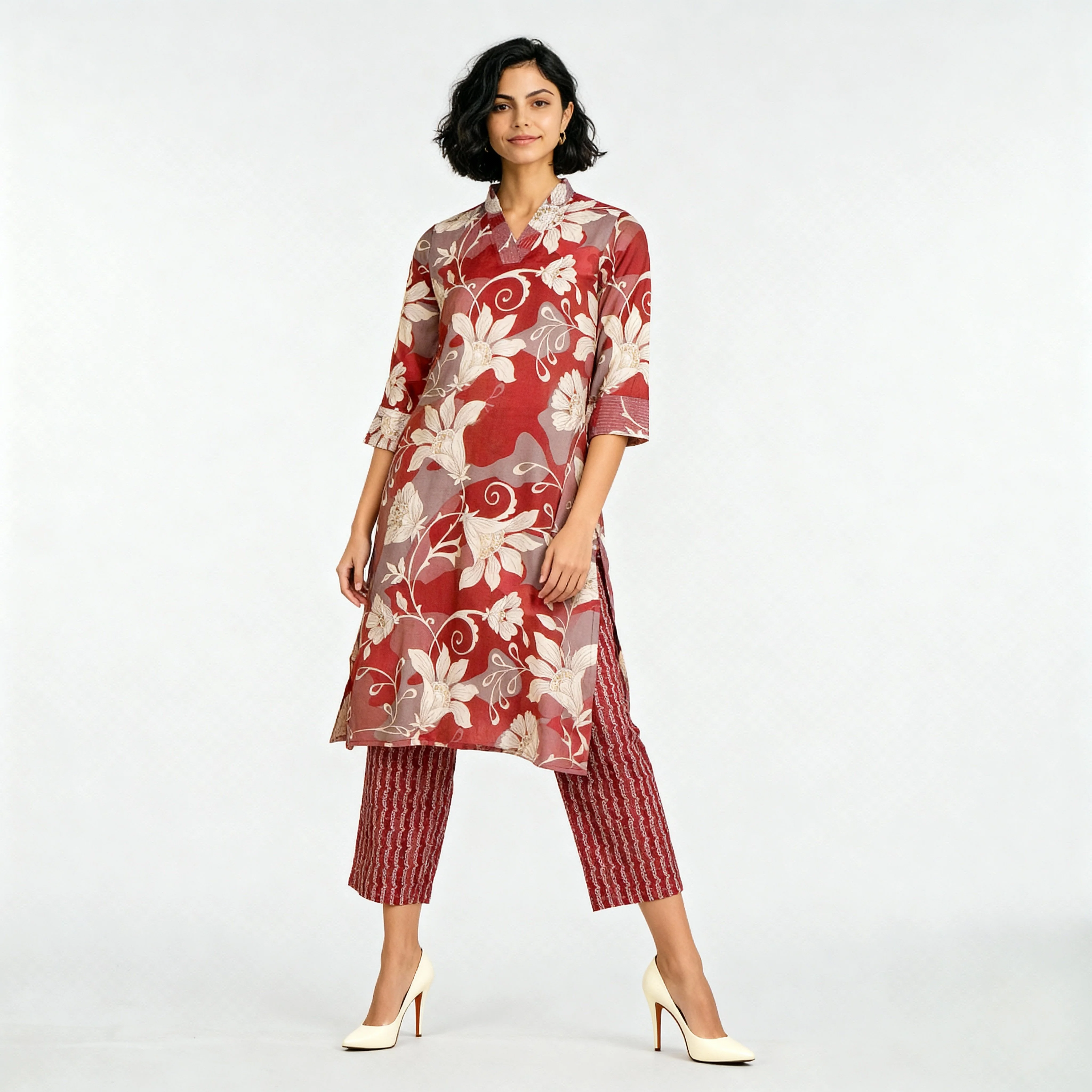 V-Neck Printed Kurta with Pant Sets - Image 2