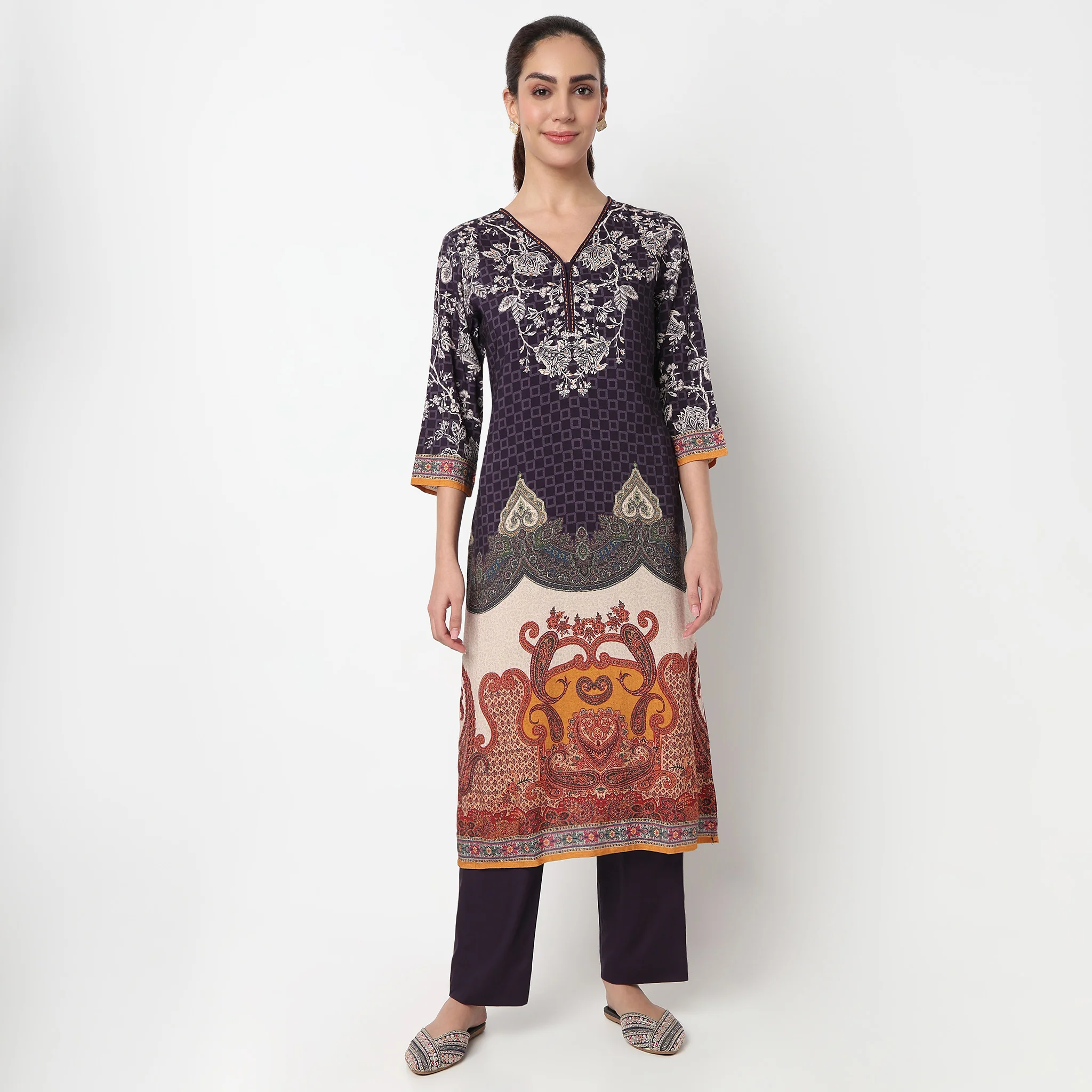 V-Neck Printed Kurta with Pant & with Dupatta Set - Image 2