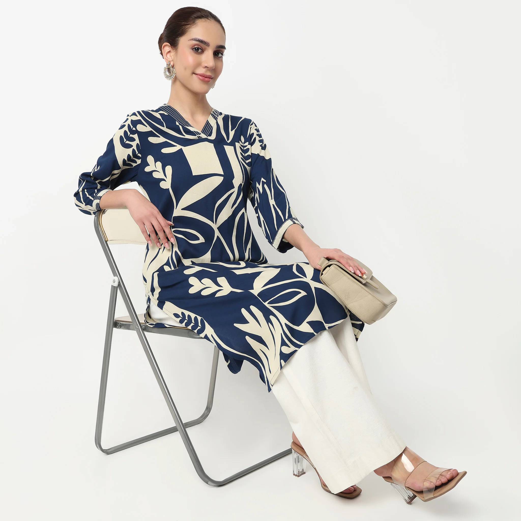 V-Neck Printed Slit Long Kurta